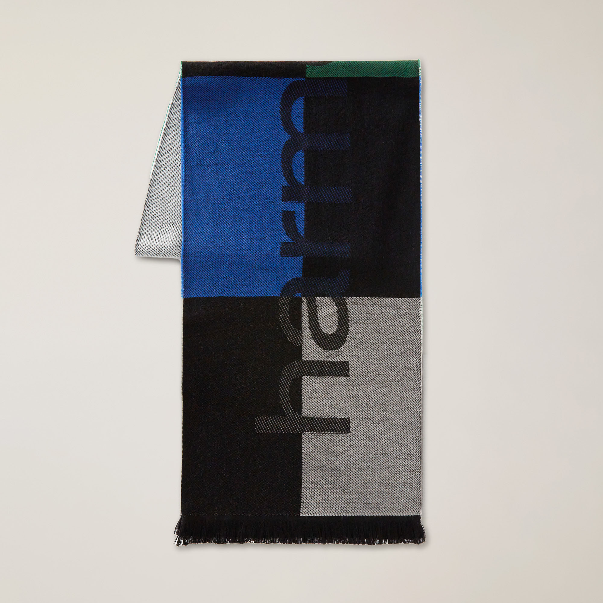 Color-Block Wool Blend Scarf With Large Lettering, Black, large