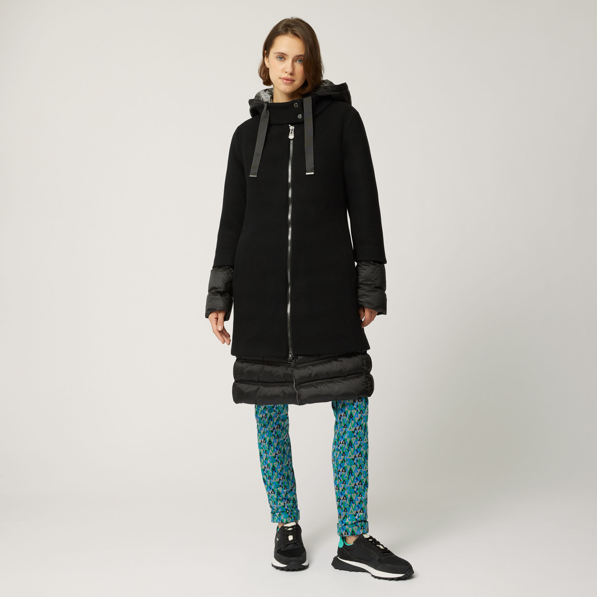 Wool And Nylon Long Jacket With Hood, Black, large image number 0