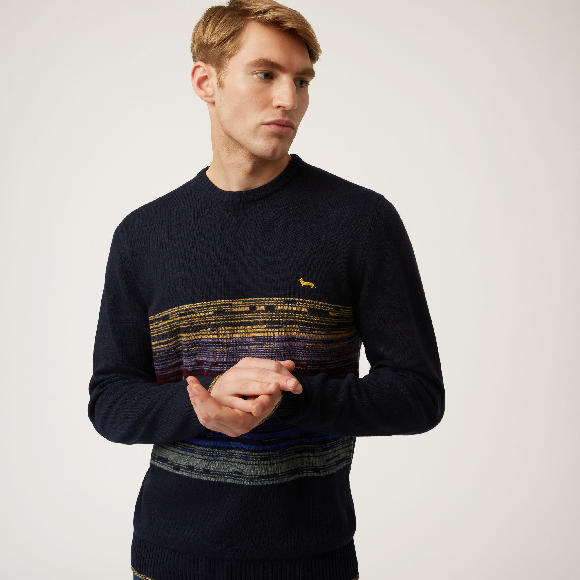 Staggered-Stripe Crew-Neck Pullover, Blue, large image number 2