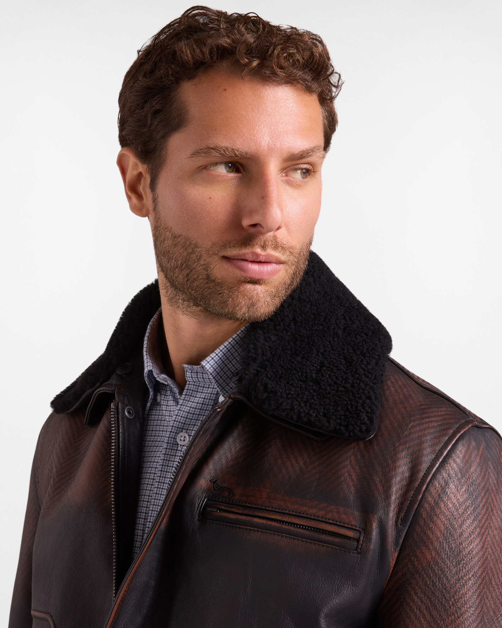 Men&rsquo;s printed leather bomber jacket with  shearling collar, DARK BROWN, large