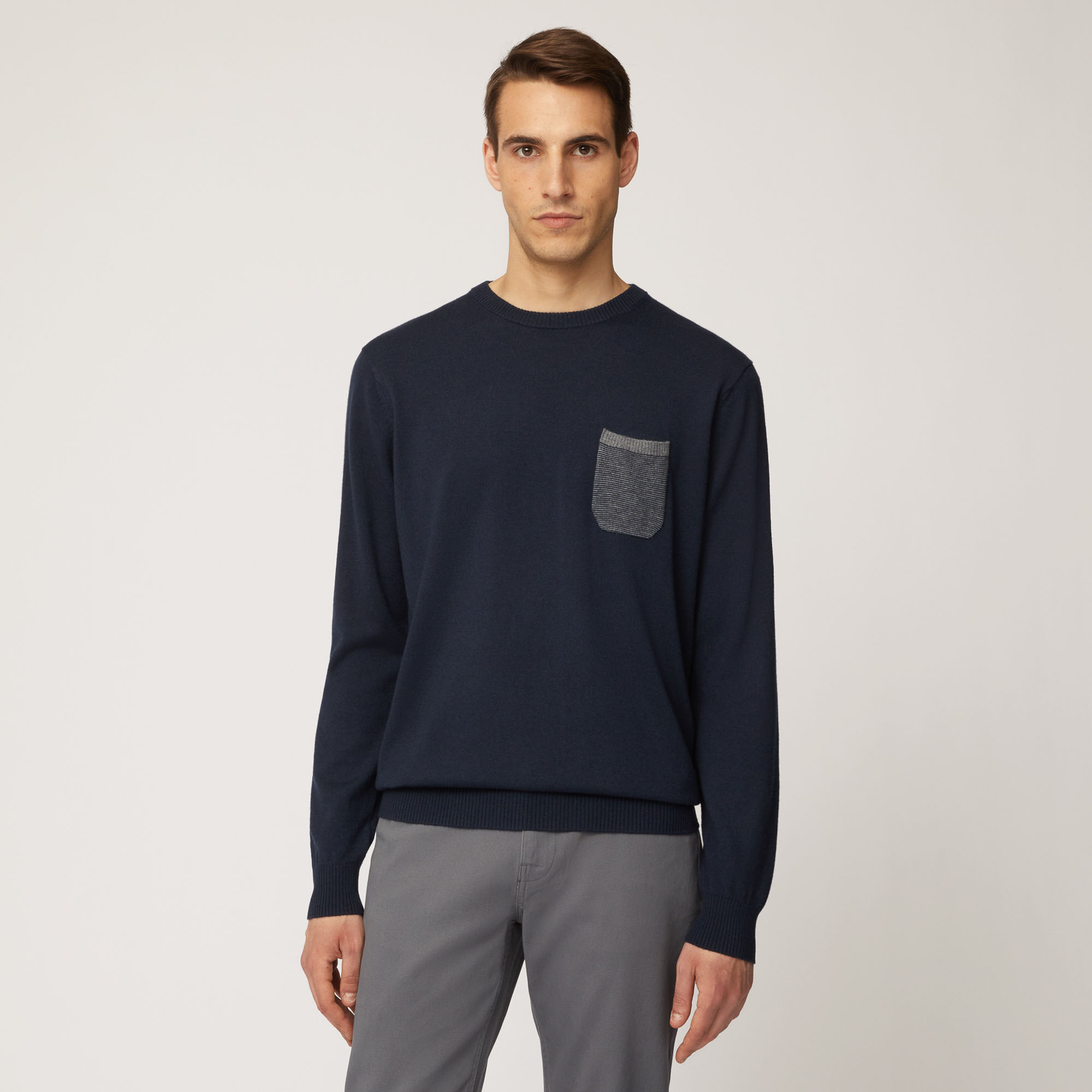 Pullover Girocollo In Misto Lana Con Taschino, Light Blue, large image number 0