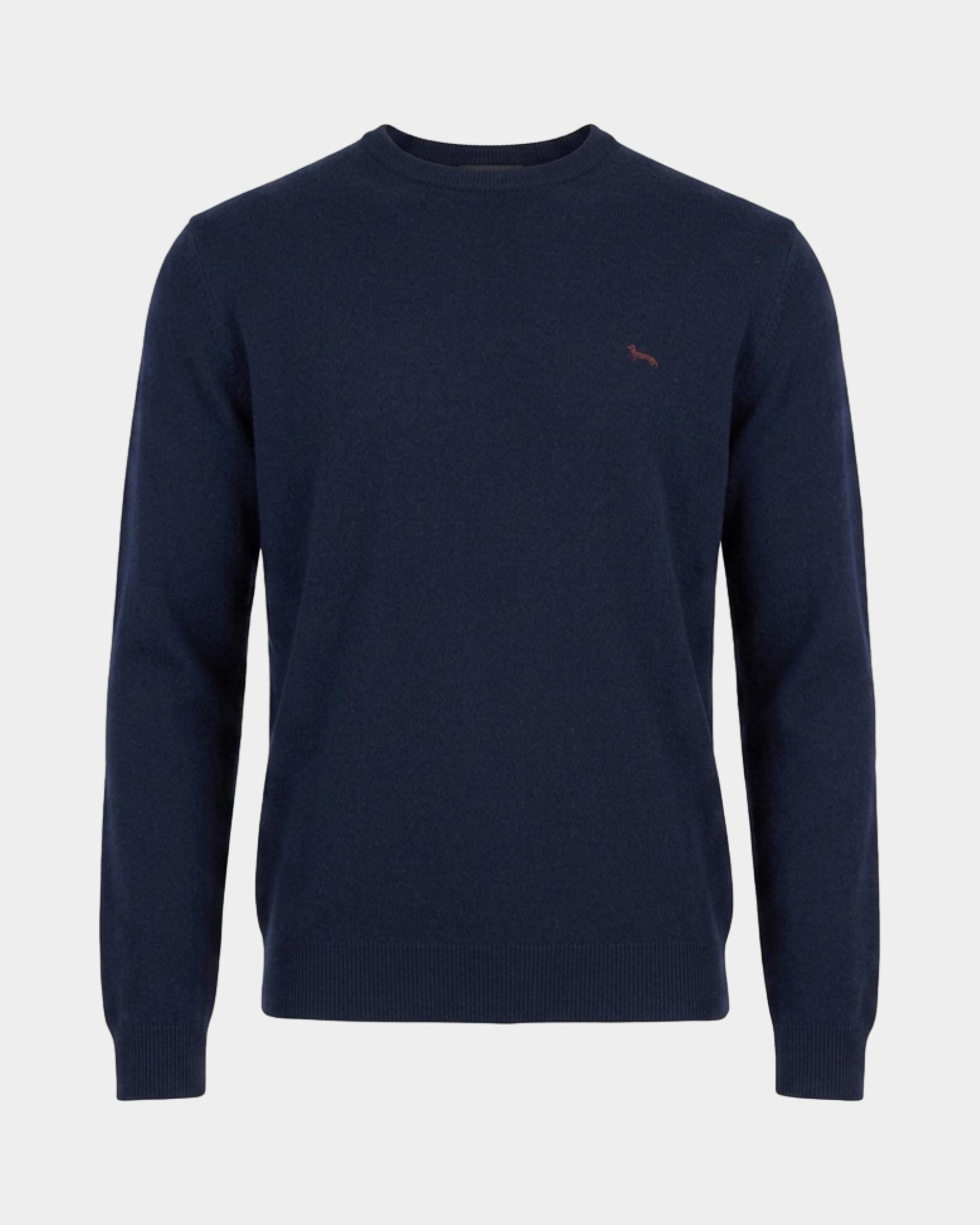 Men's crewneck sweater with contrasting stripe in a gray wool and cashmere blend with regular fit, NAVY BLUE, large
