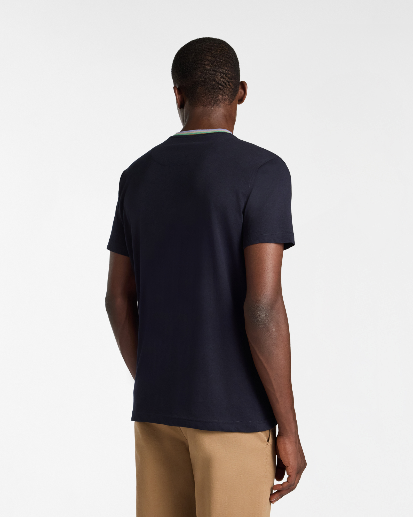 Cotton T-Shirt with Front Logo and Multi-Stripe Ribbed Collar, Dark Blue, large image number 1