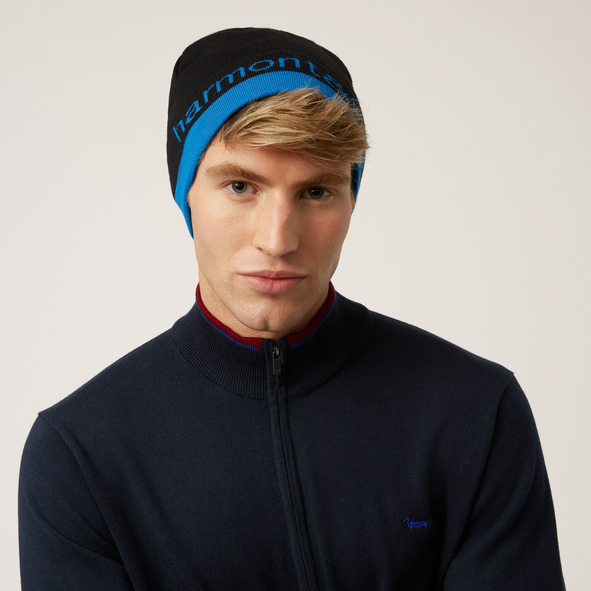 Short Wool-Blend Beanie With Contrasting Lettering And Edging, Black, large image number 2