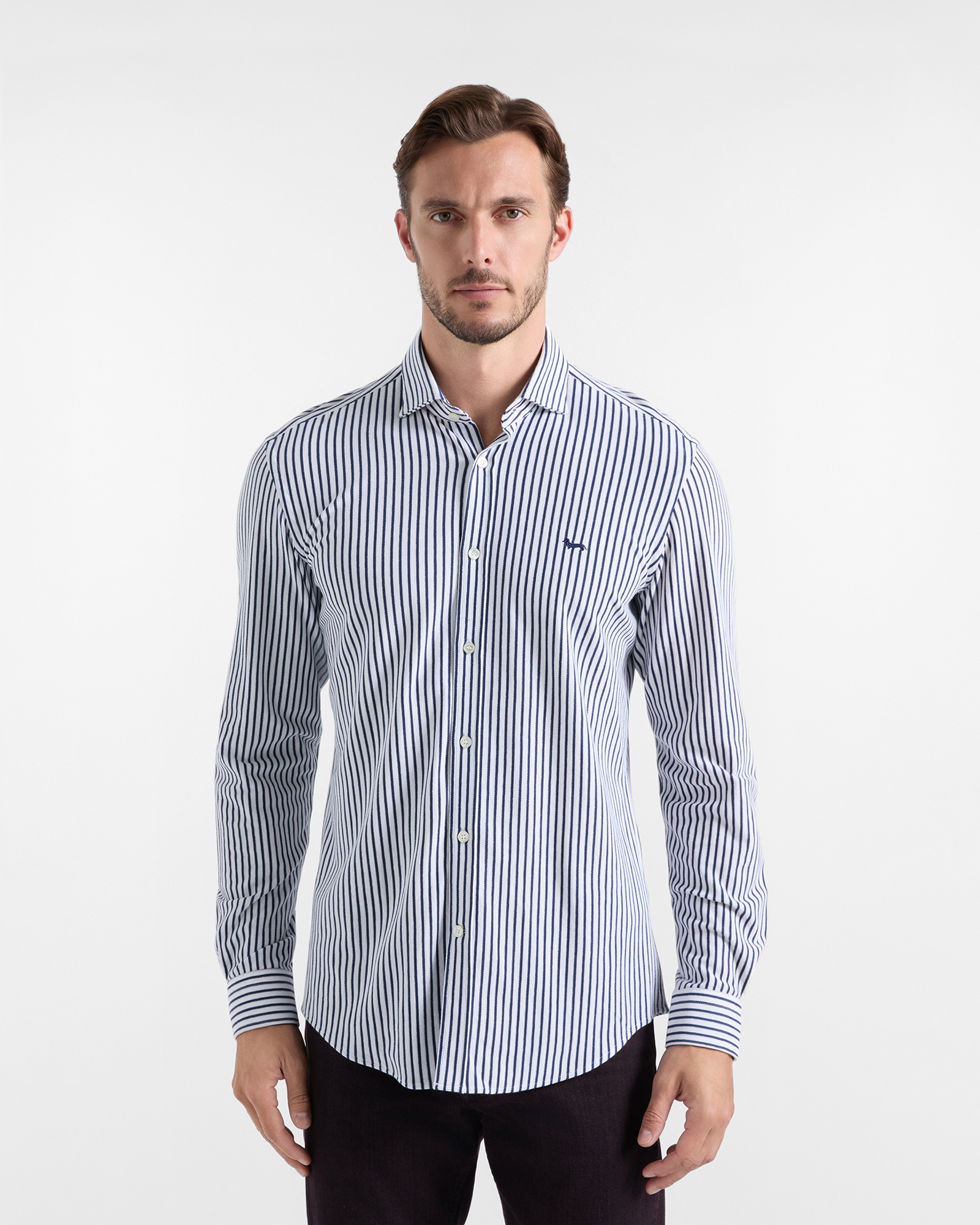 Men's narrow-fit dark blue yarn-dyed striped piqu&eacute;