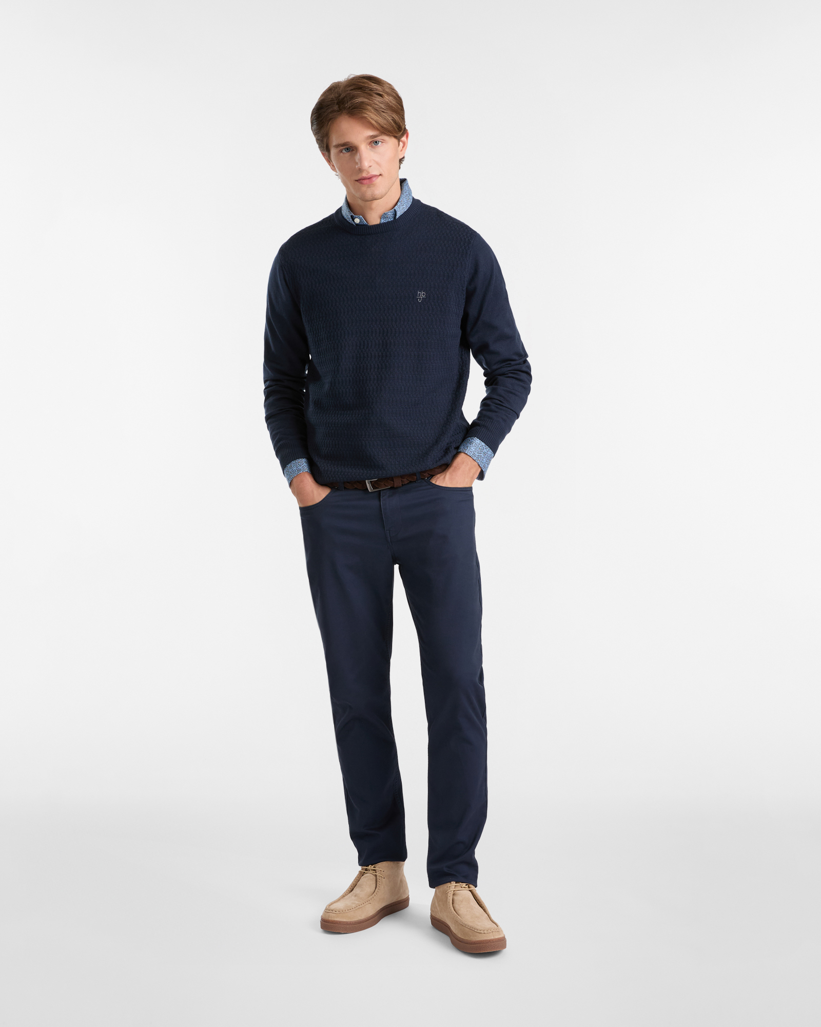 Maglione Girocollo in Lana Merino con Lavorazione Jacquard, Blu Scuro, large image number 3