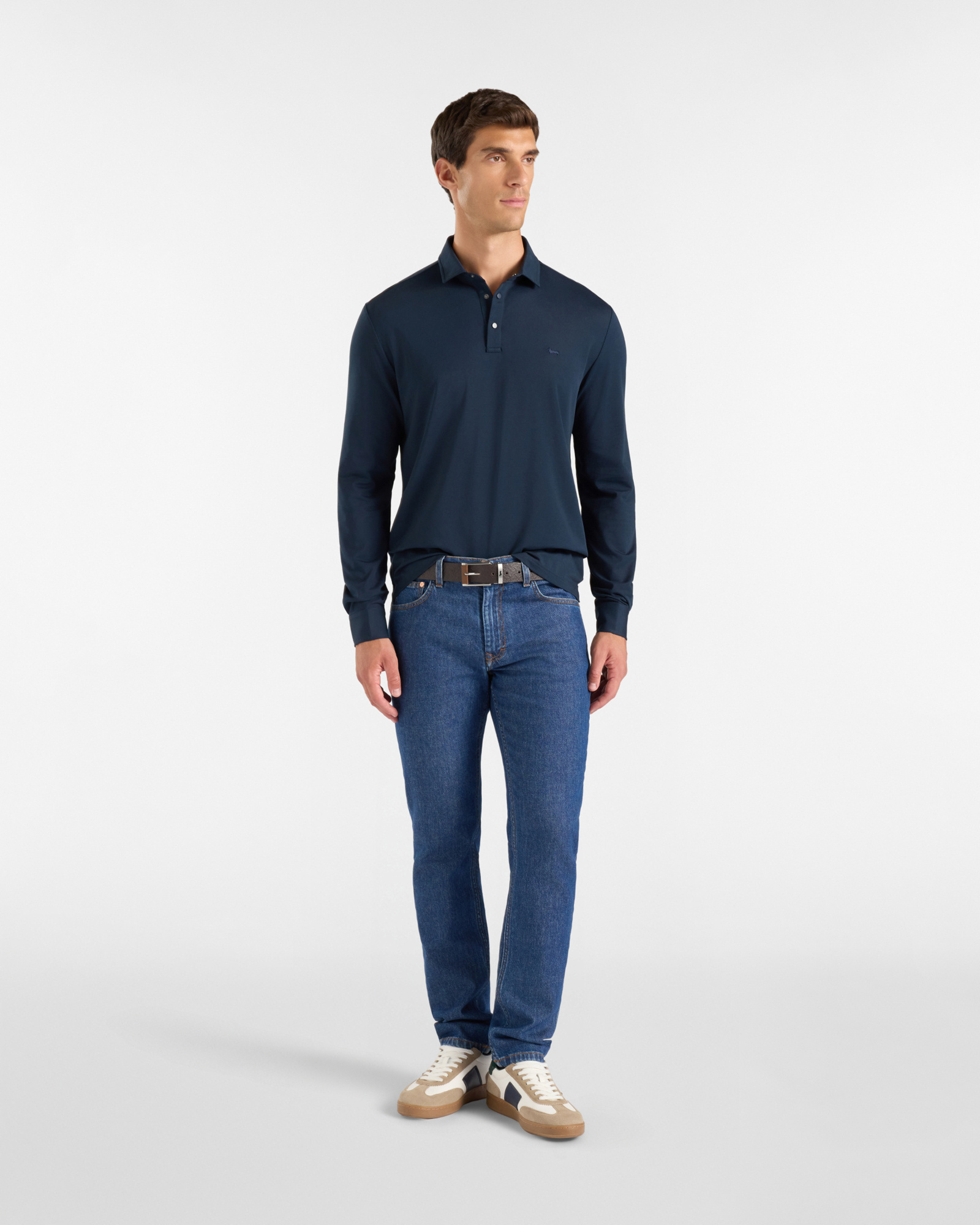 Polo da uomo manica lunga in piquet di cotone stretch grigio, BLU NAVY, large image number 3