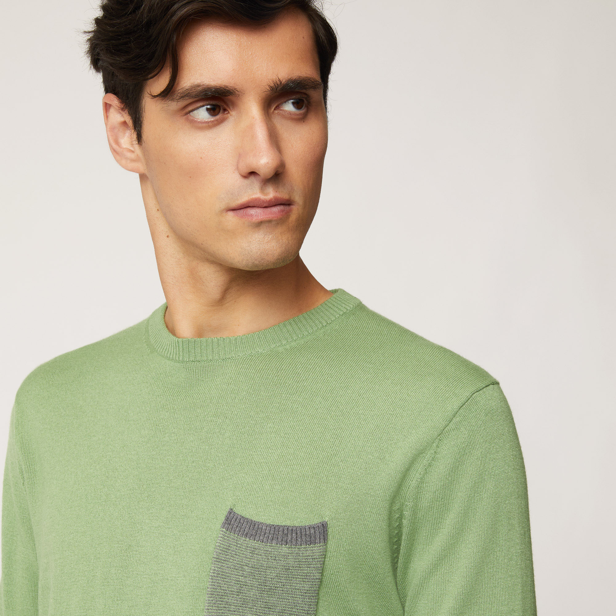 Pullover Girocollo In Misto Lana Con Taschino, Verde, large image number 2