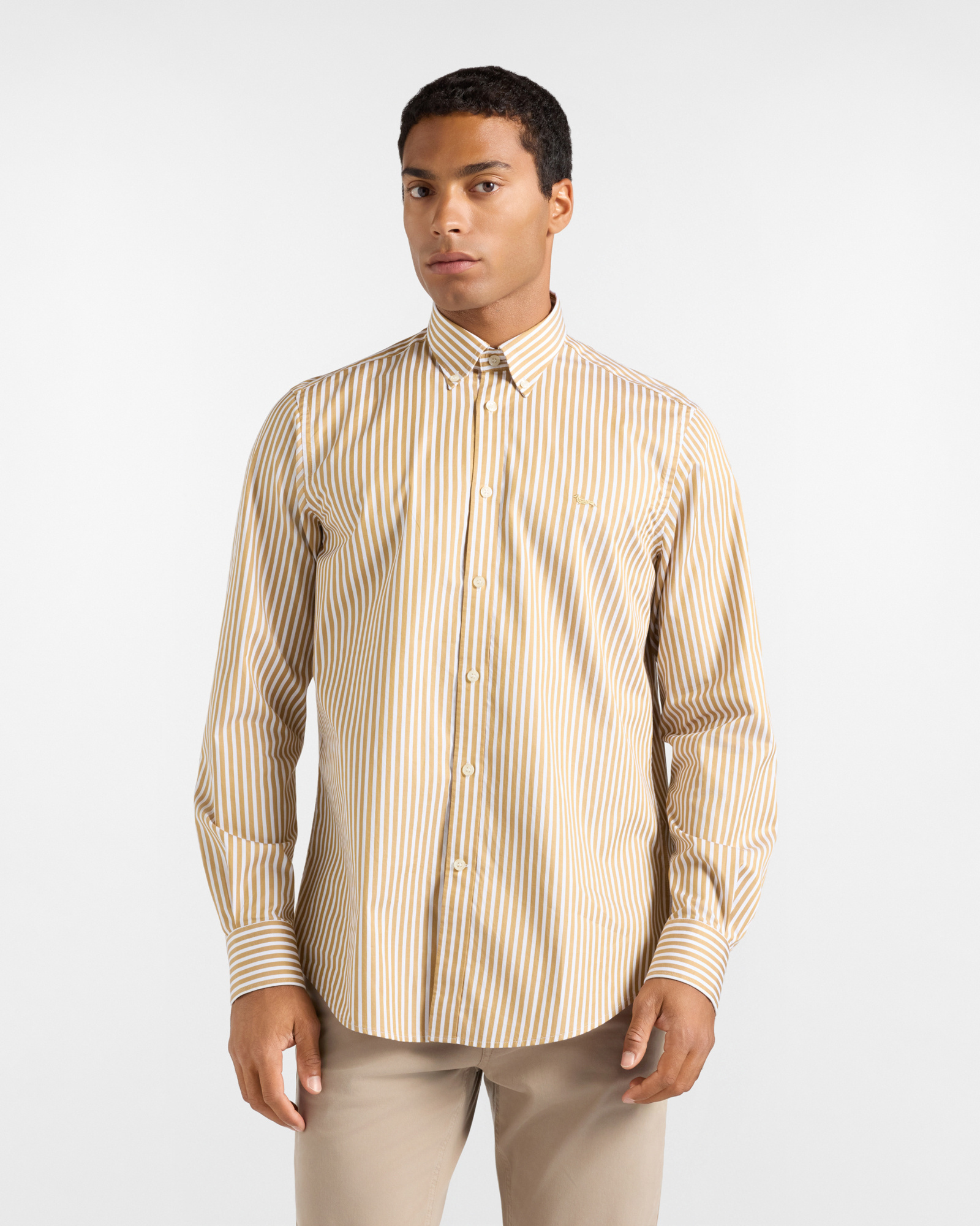 Men's regular-fit brown twill shirt with satin stripe
