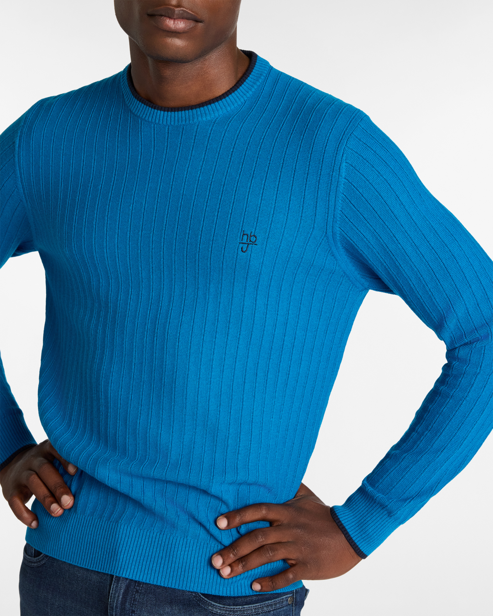 Crew Neck Sweater with Contrast Details, Turquoise, large image number 2