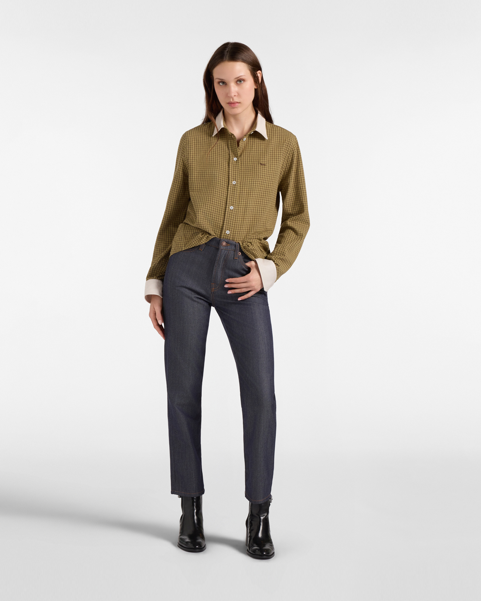 Women&rsquo;s Capsule Qualit&agrave; a Colori Shirt in checked cotton, OLIVE GREEN, large