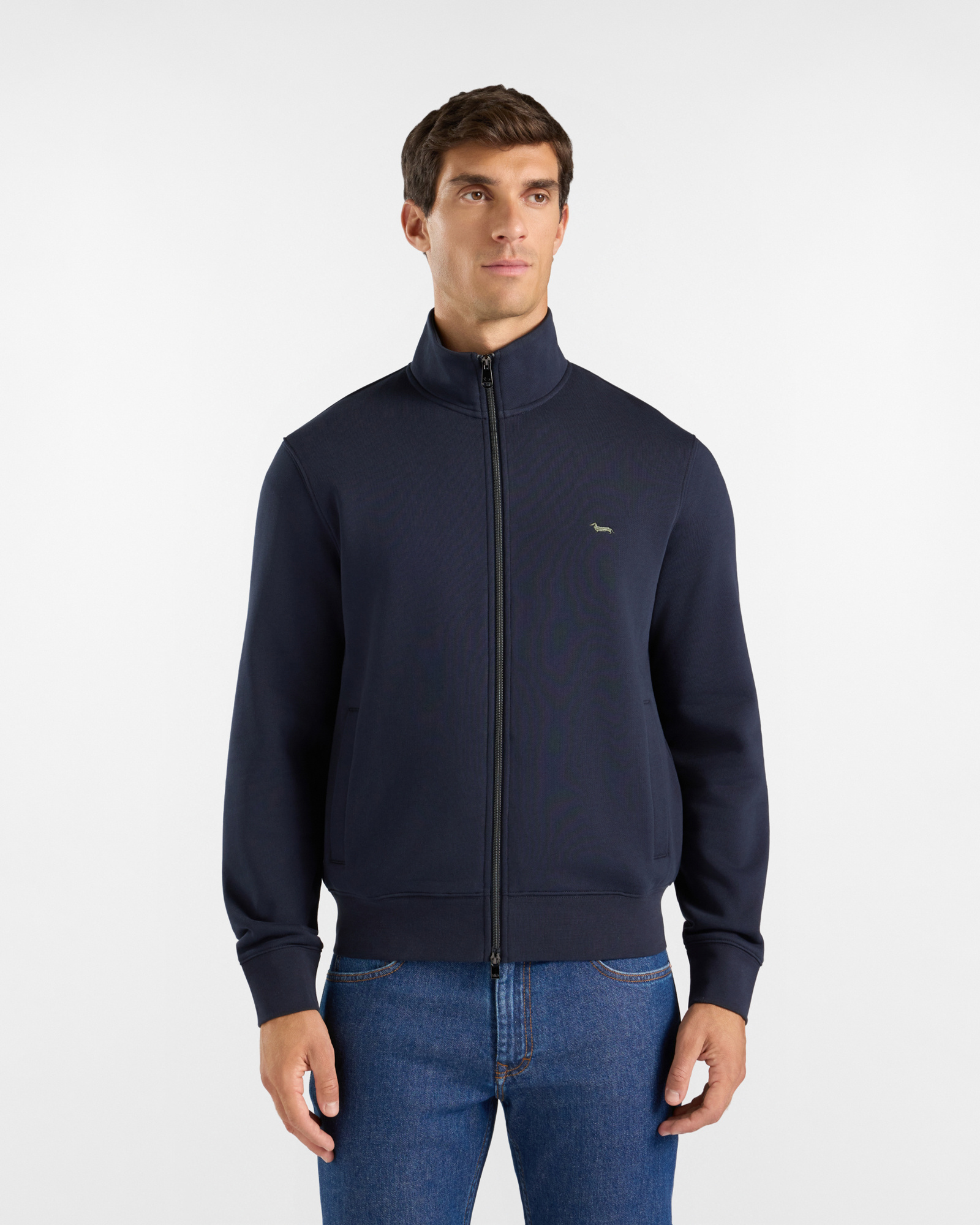 Sudadera para hombre con cremallera completa azul con cuello alto y bolsillos en costura