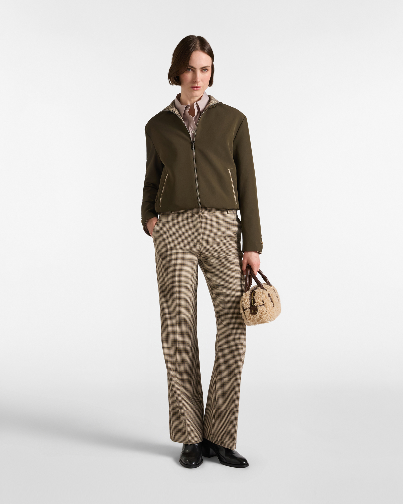 Women's bomber jacket with micro-gingham inserts, Made in Italy, PETROLEUM GREEN, large image number 3