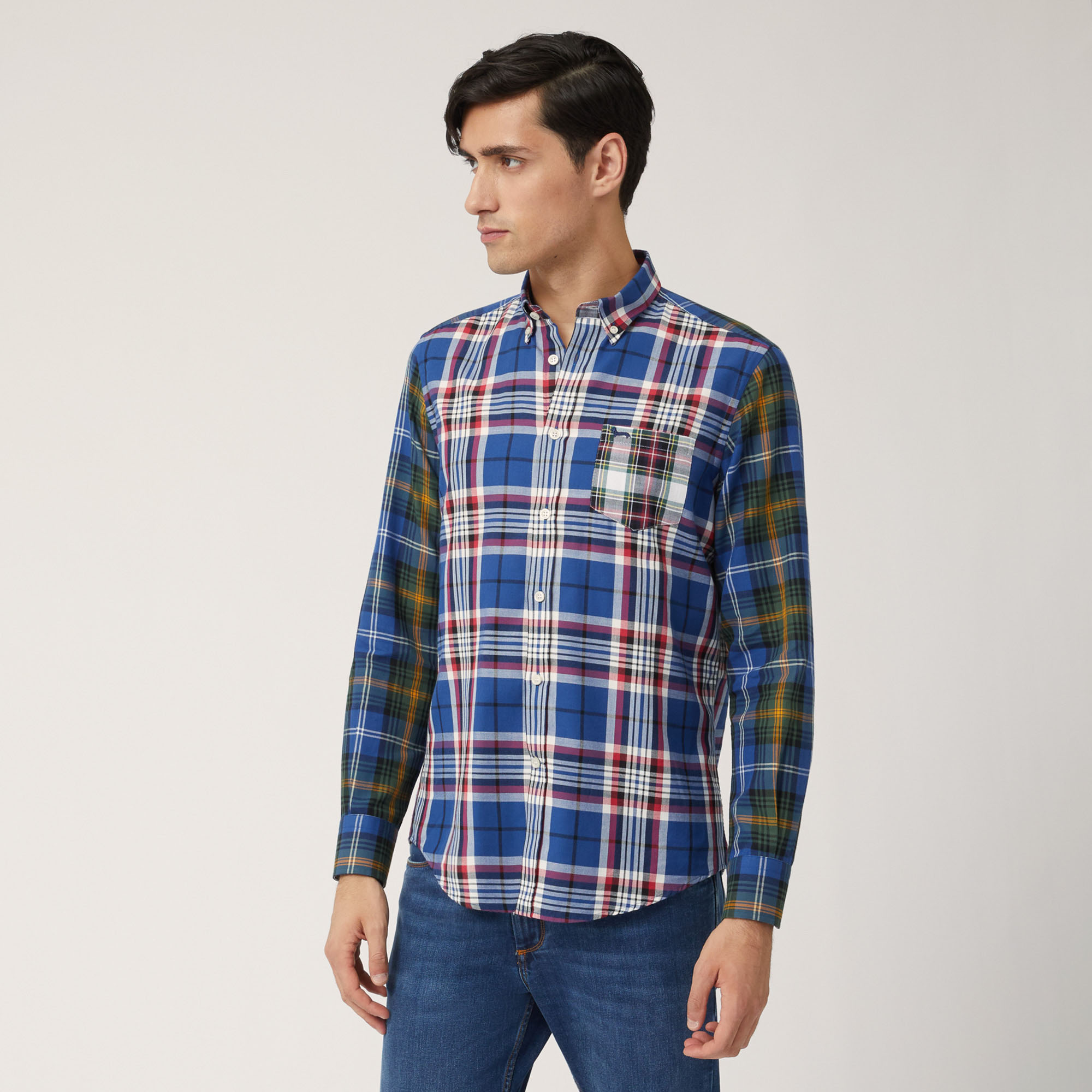 Three-Fabric Check Shirt, Blue, large image number 0