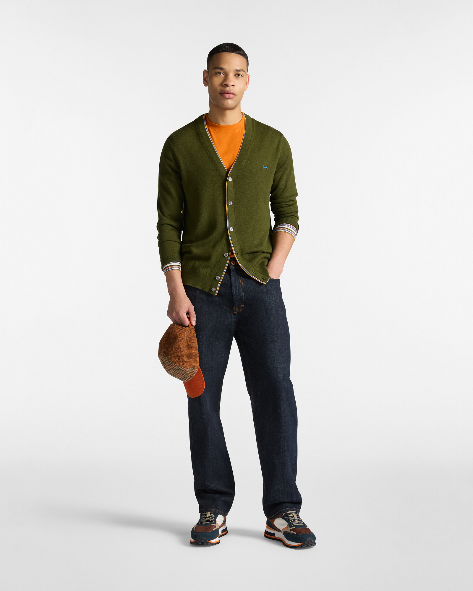 Wool Cardigan with Striped Edges, Green, large image number 3