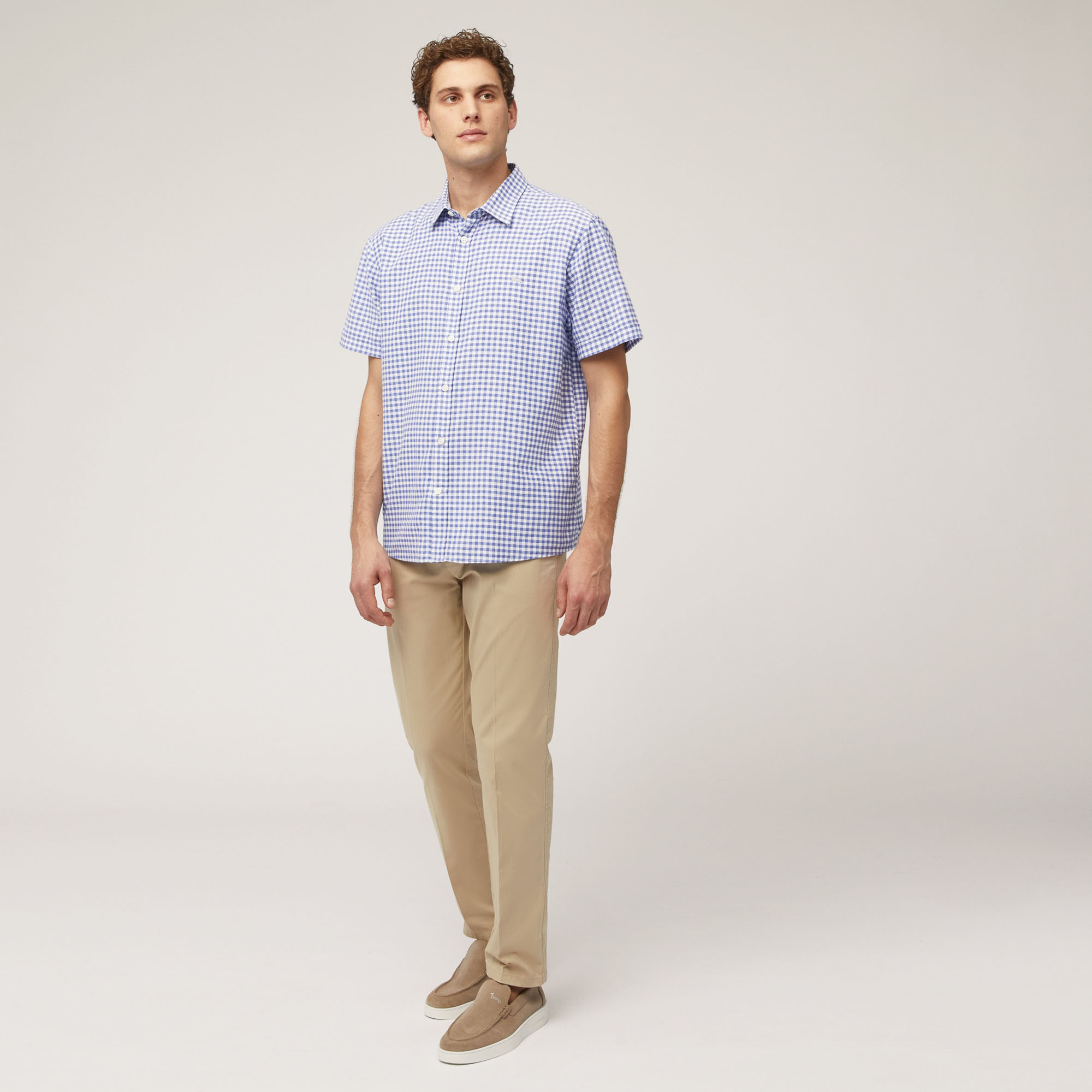 Kariertes Hemd aus Baumwollkettengewirk mit kurzen Ärmeln, Blau, large image number 3