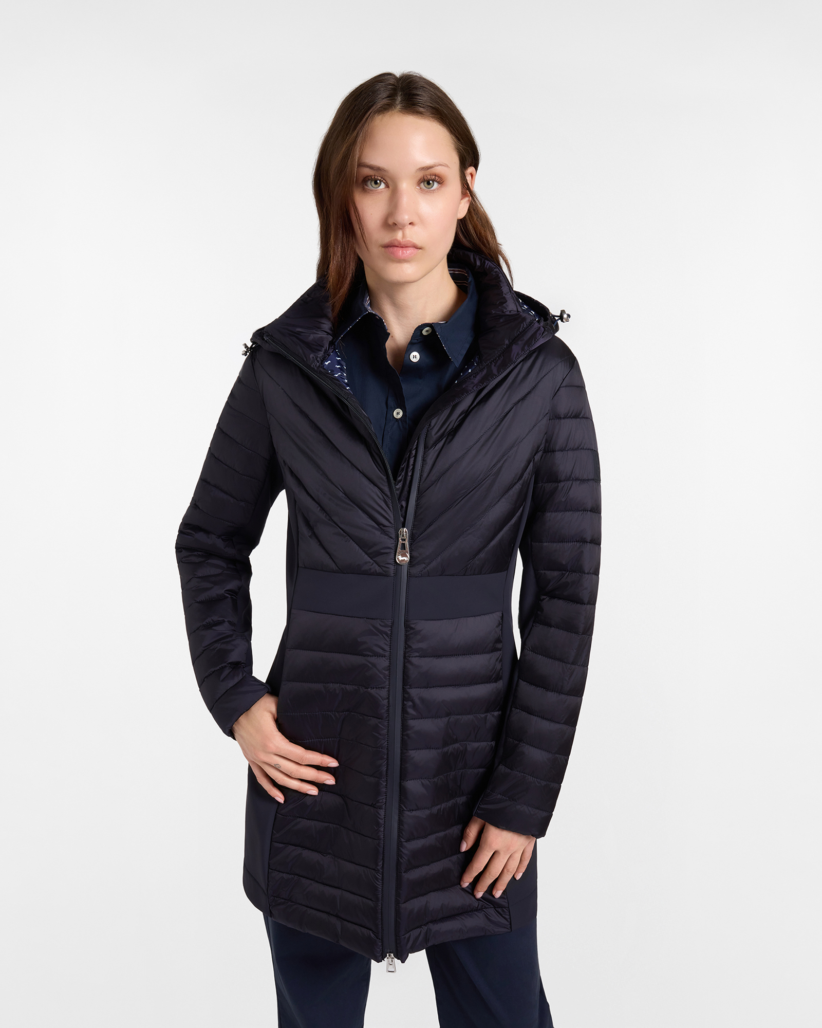 Women's blue Slim Fit long quilted jacket