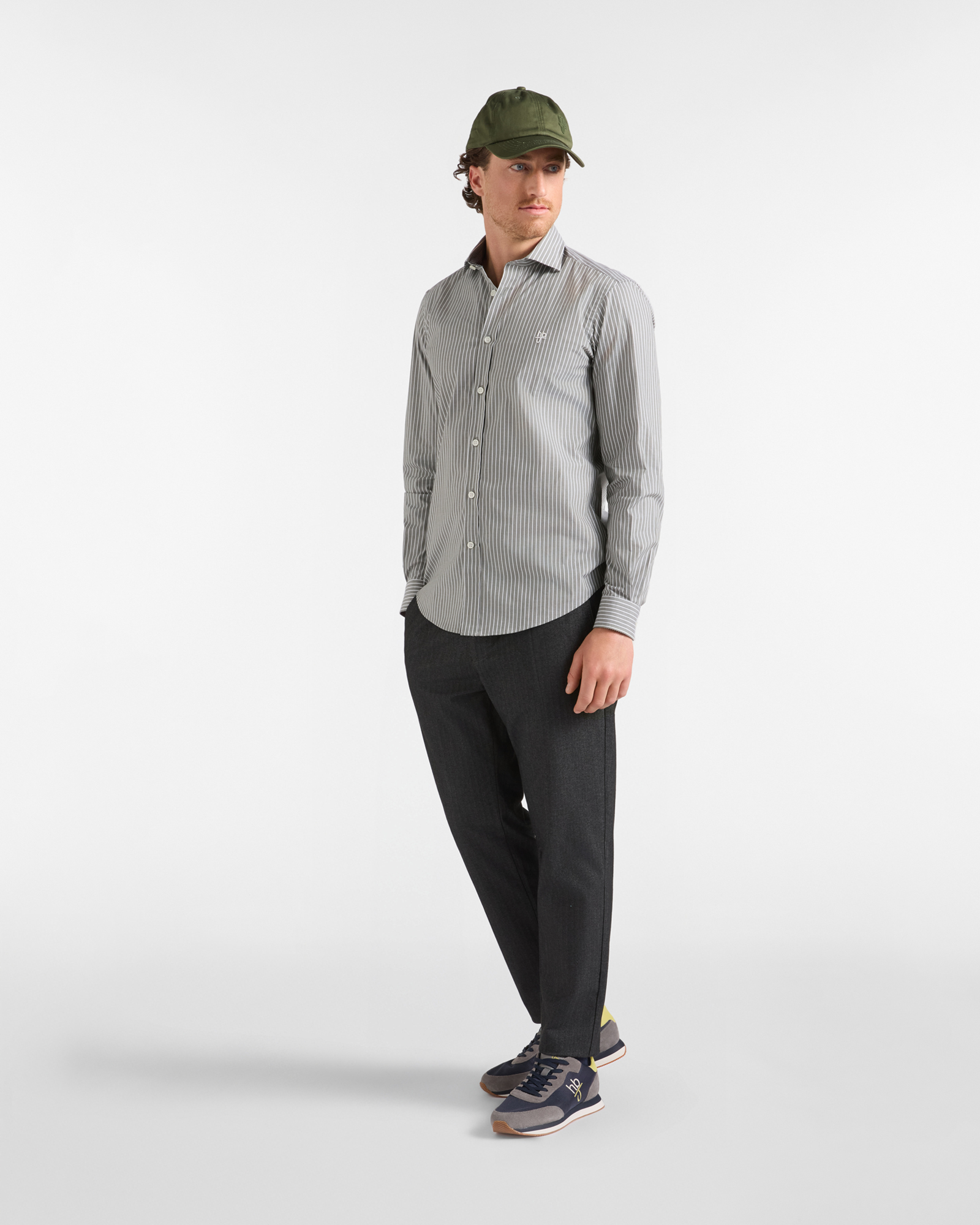 Camicia HBJ Uomo Narrow Fit in cotone stretch a righe con collo French, VERDE, large