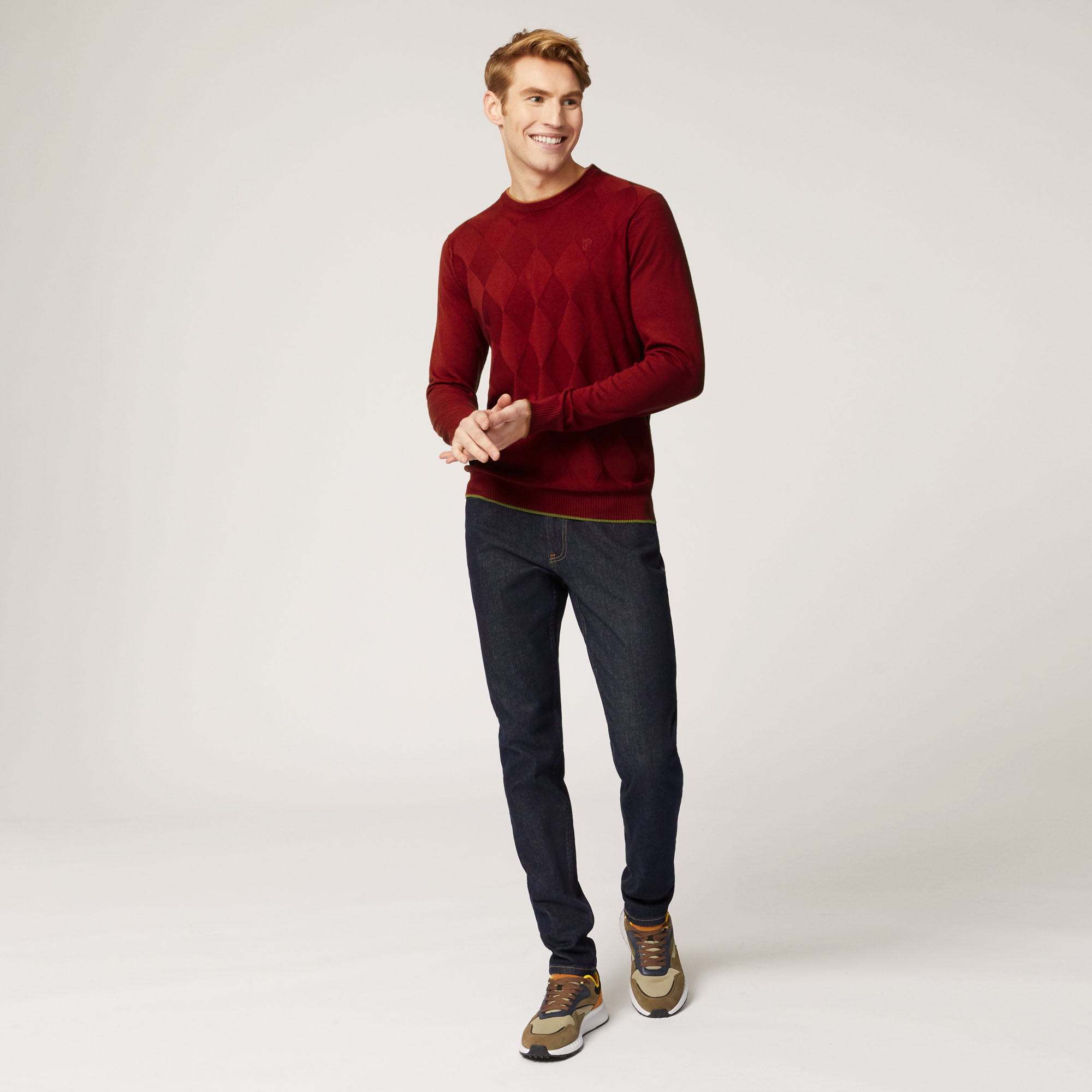 Pullover Girocollo  A Rombi, Rosso, large image number 3