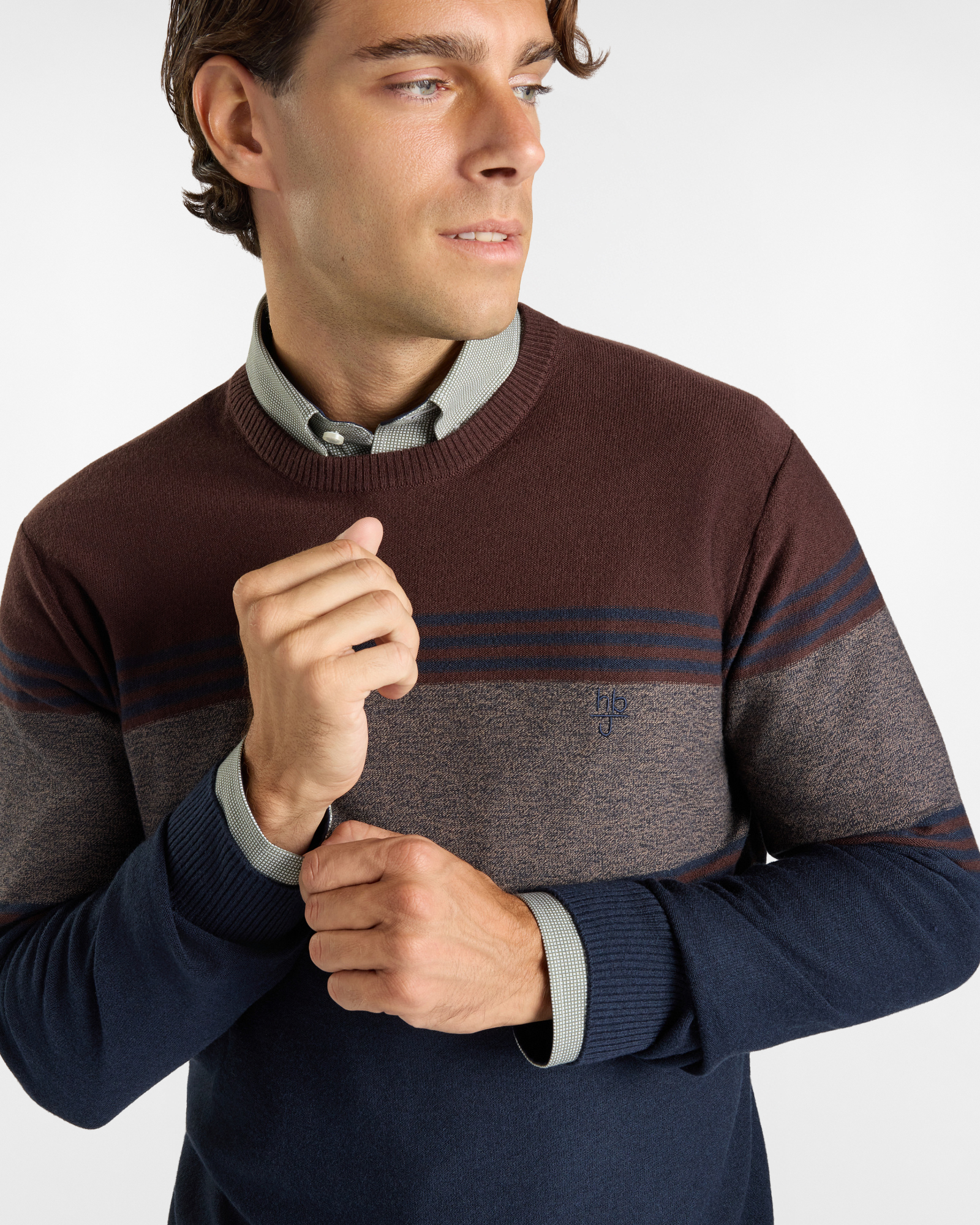 Maglia Girocollo HBJ Uomo in misto lana con motivo color block, MARRONE, large