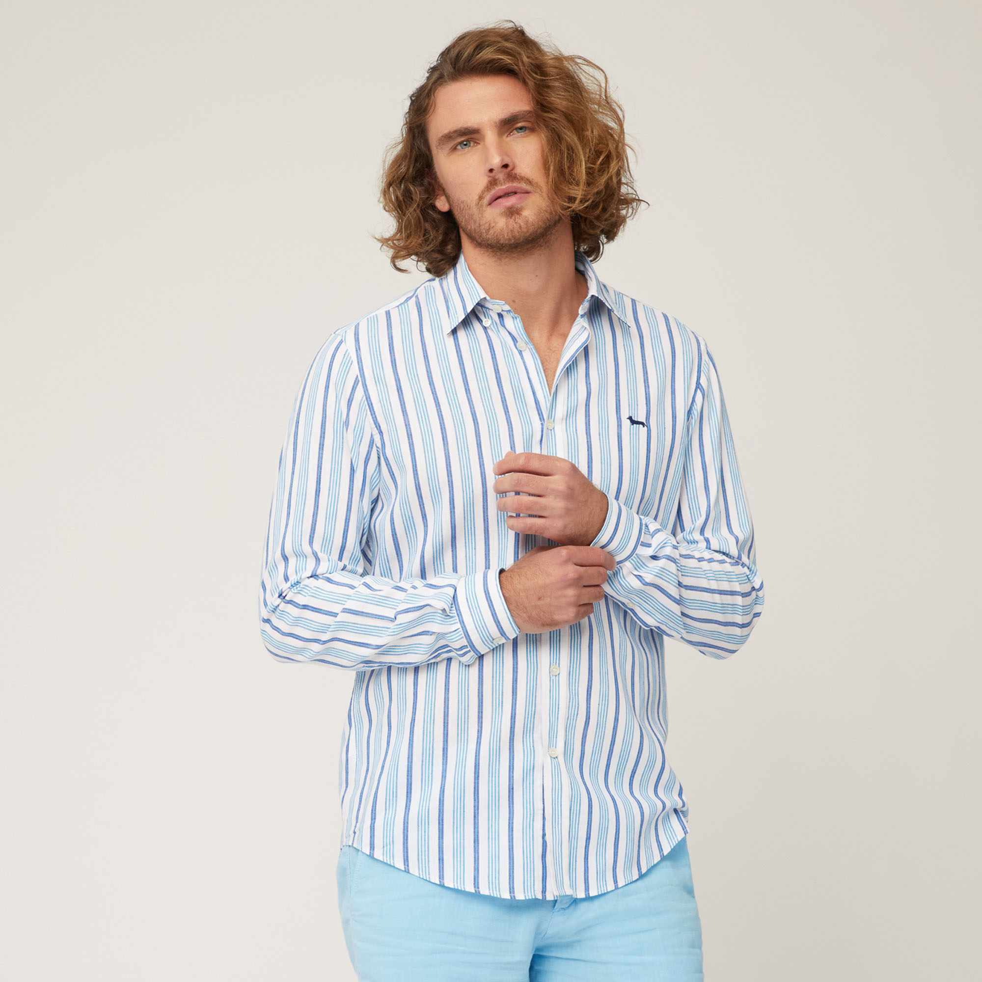 Camisa de sarga de algodón y lino con mezcla de rayas, Azul, large