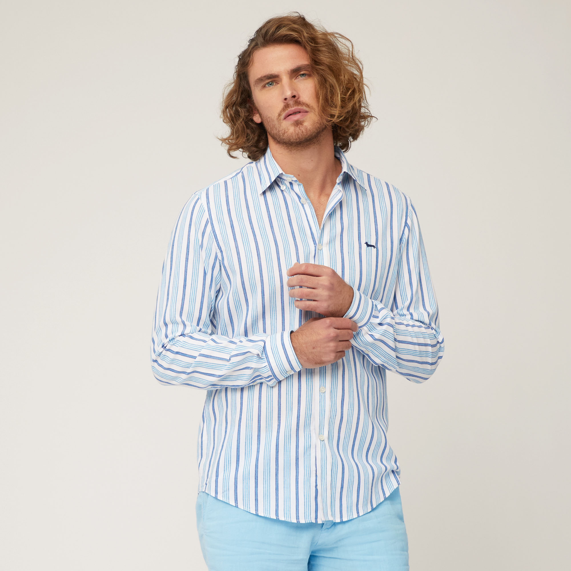 Cotton and Linen Twill Shirt with Mix of Stripes, Light Blue, large image number 0