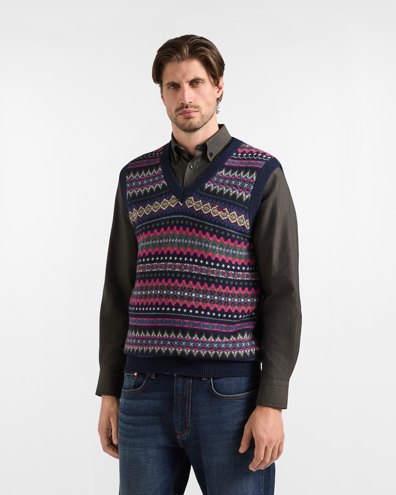 Men's Made in Italy V-neck vest in a blue wool blend with regular fit