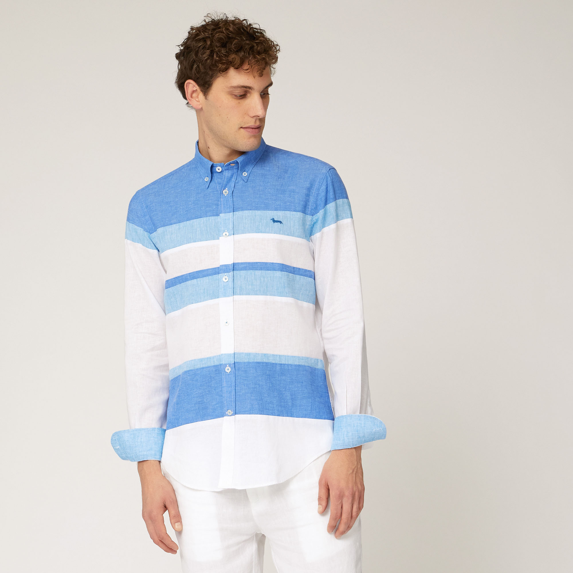 Linen and Cotton Patchwork Shirt with Contrasting Bands