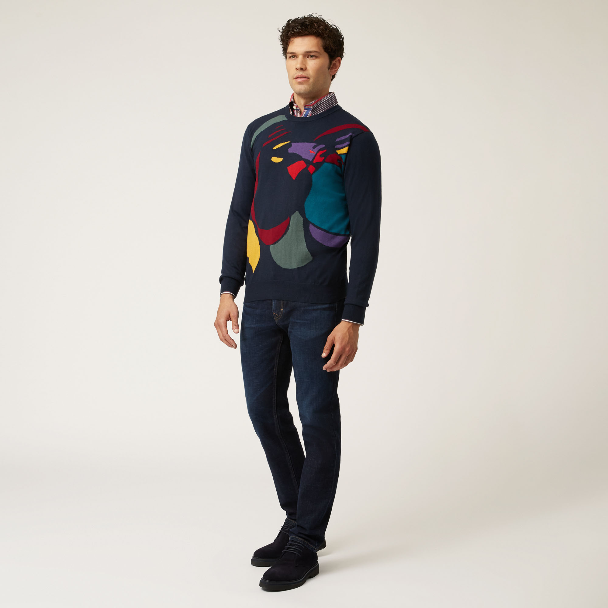 Pullover Girocollo Con Intarsi Art Academy, Blu Navy, large image number 3