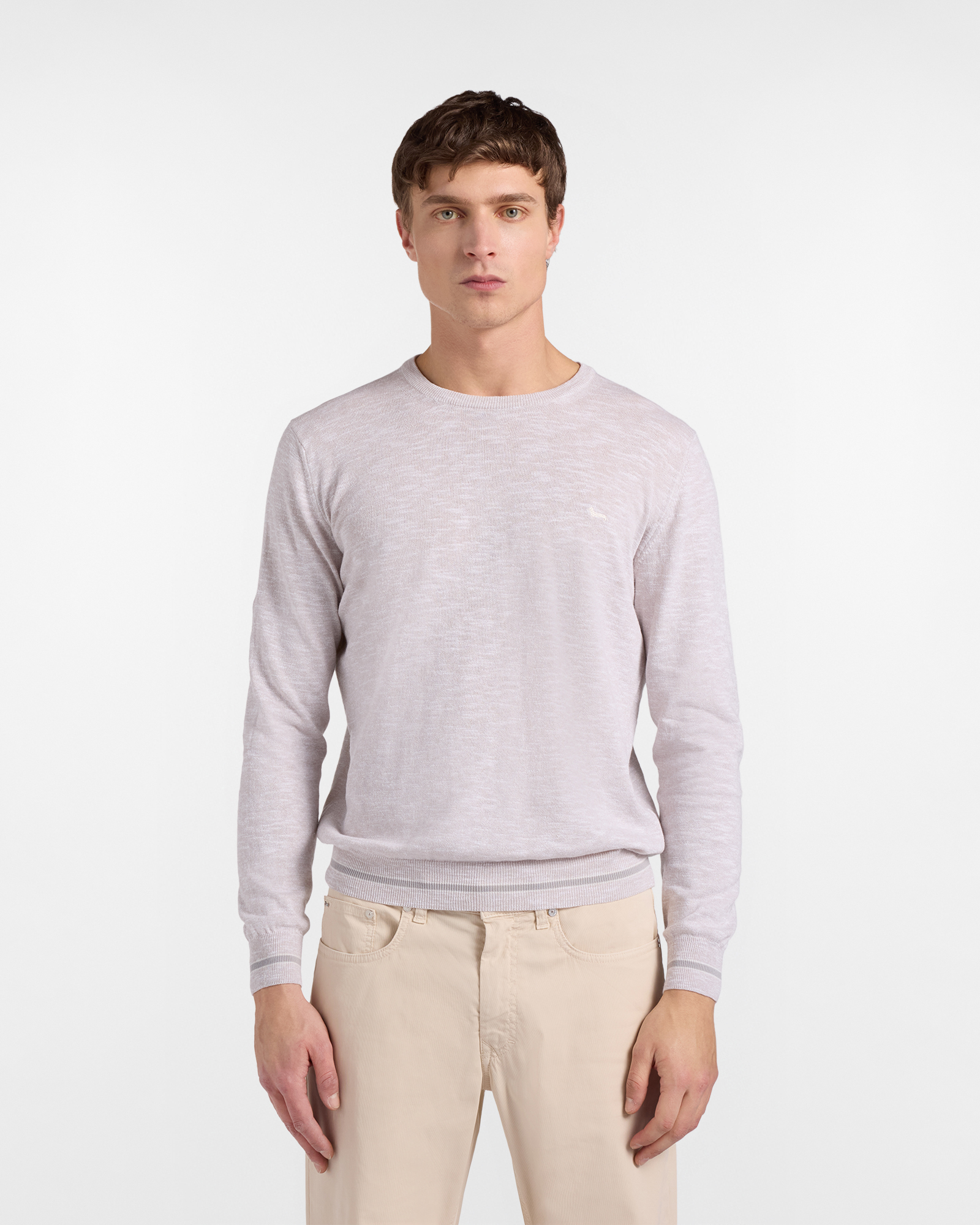 Men's cotton-linen blend crew neck pullover with tweed effect, White, large