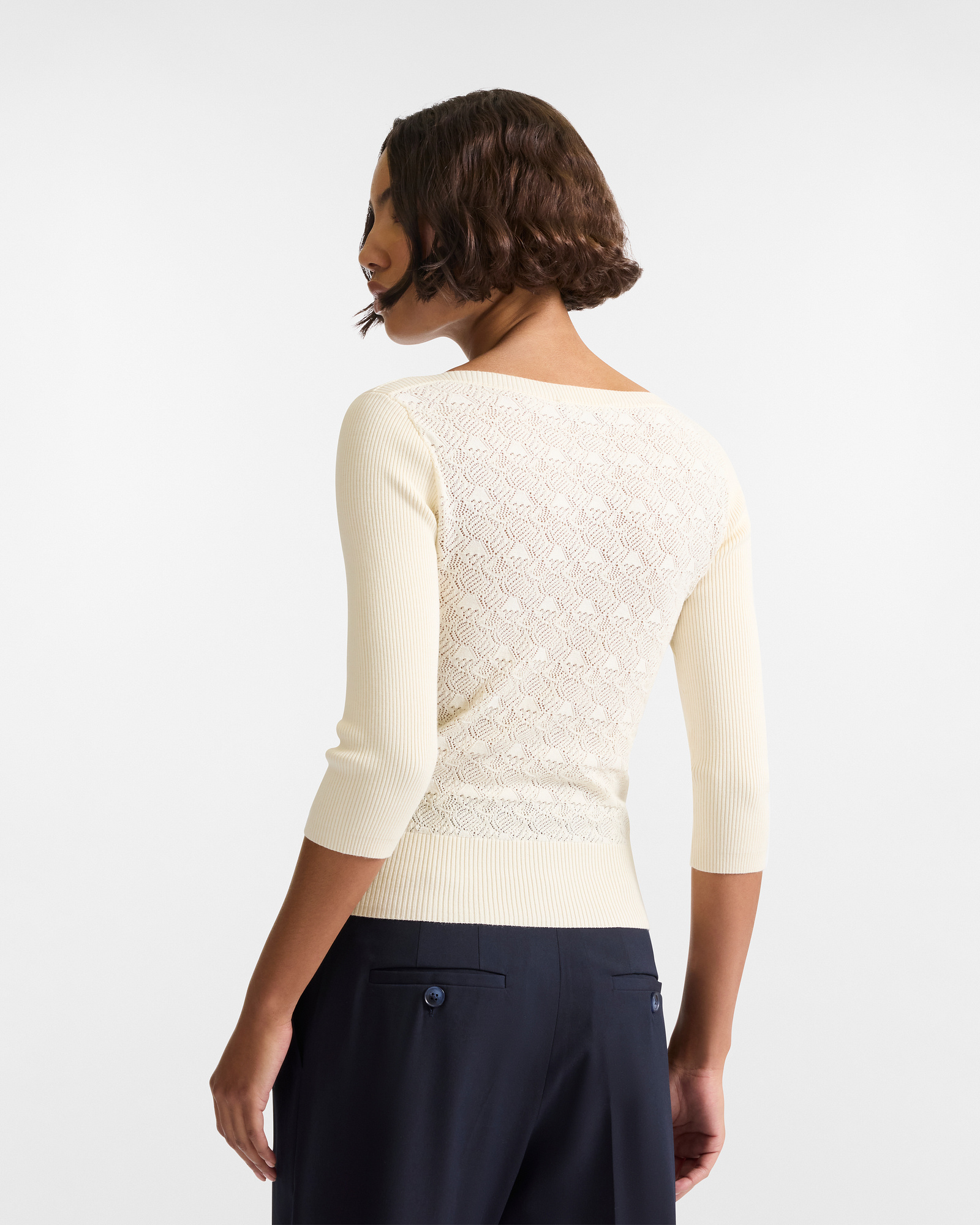 Crew Neck Sweater with Openwork Pattern