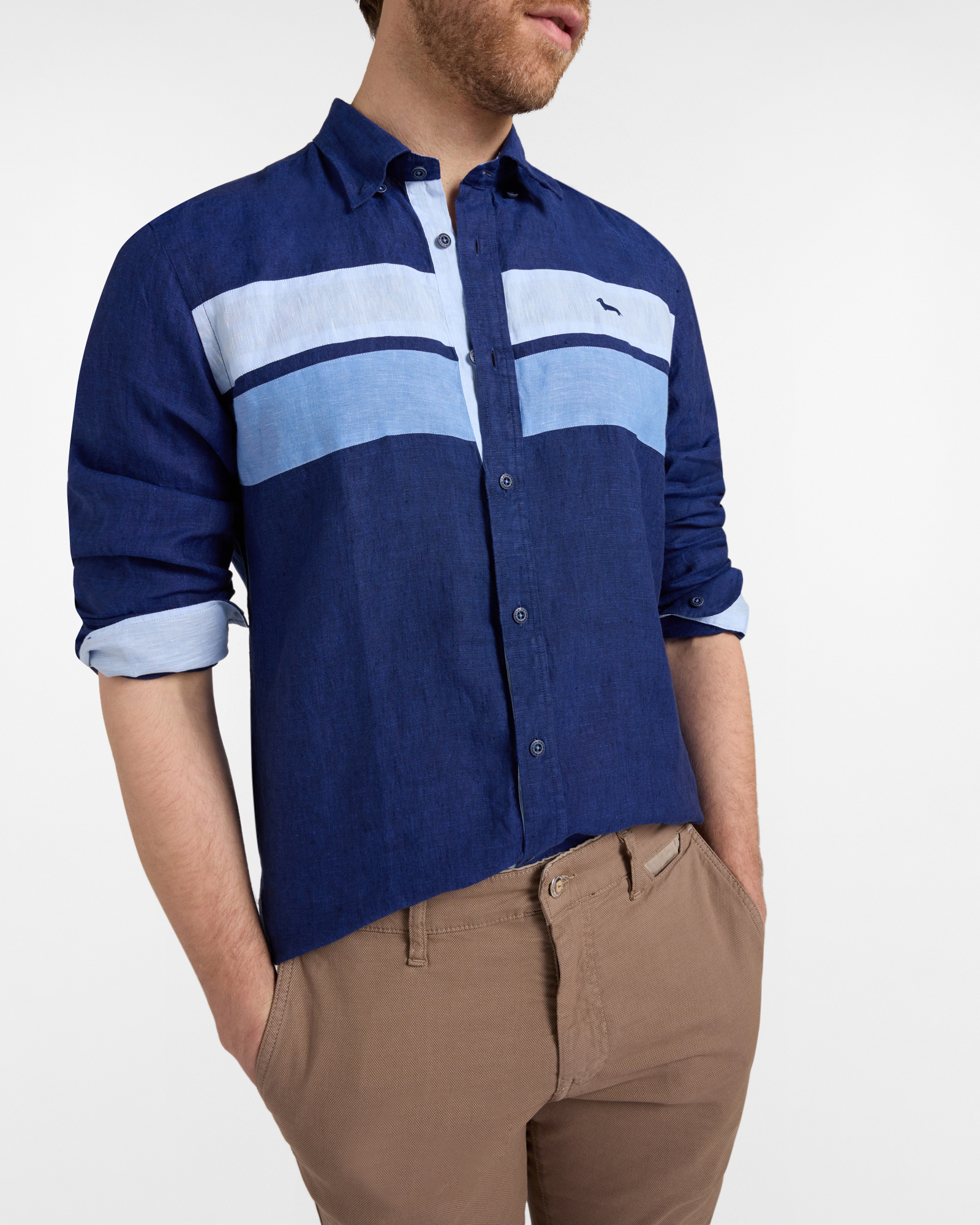 Linen shirt with contrasting bands, Blue, large image number 2