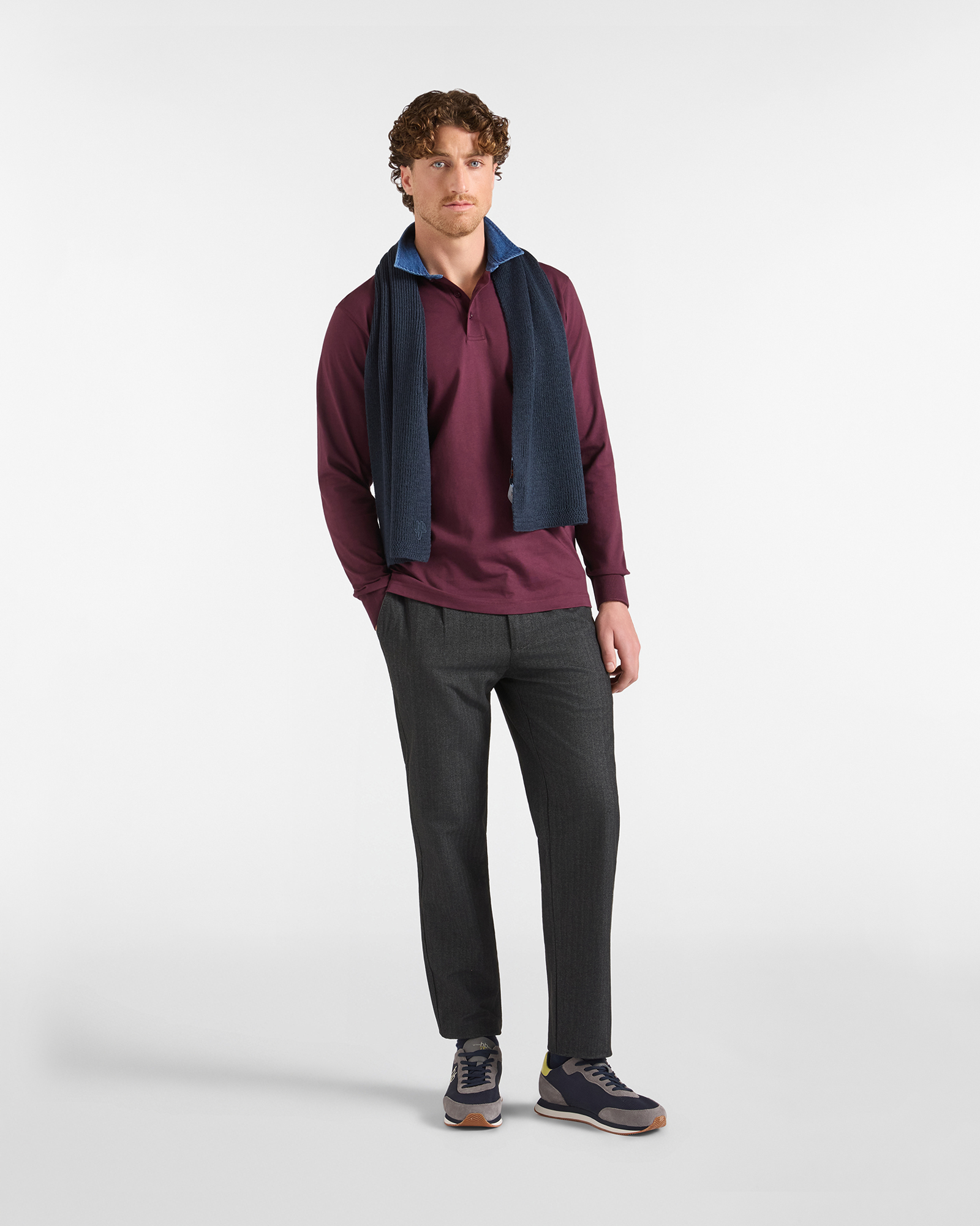 Polo HBJ Uomo con Colletto in Denim di Puro Cotone, PRUGNA, large