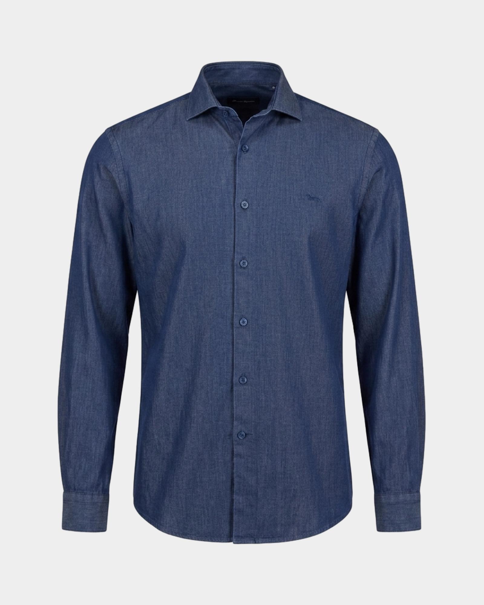 Camisa de hombre en denim con cuello franc&eacute;s y corte ce&ntilde;ido, AZUL MARINO, large