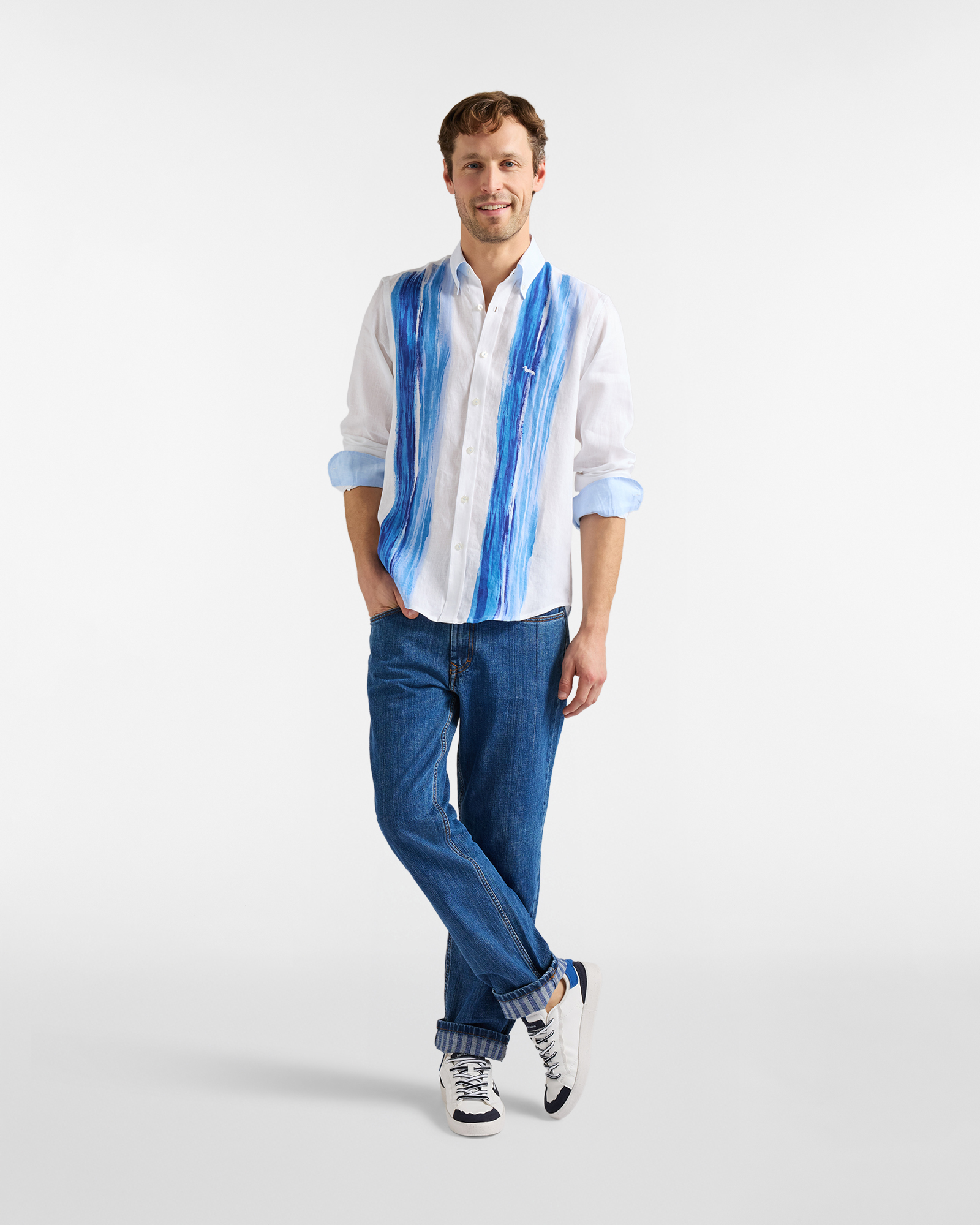 Men's linen shirt with handcrafted print, White, large image number 3