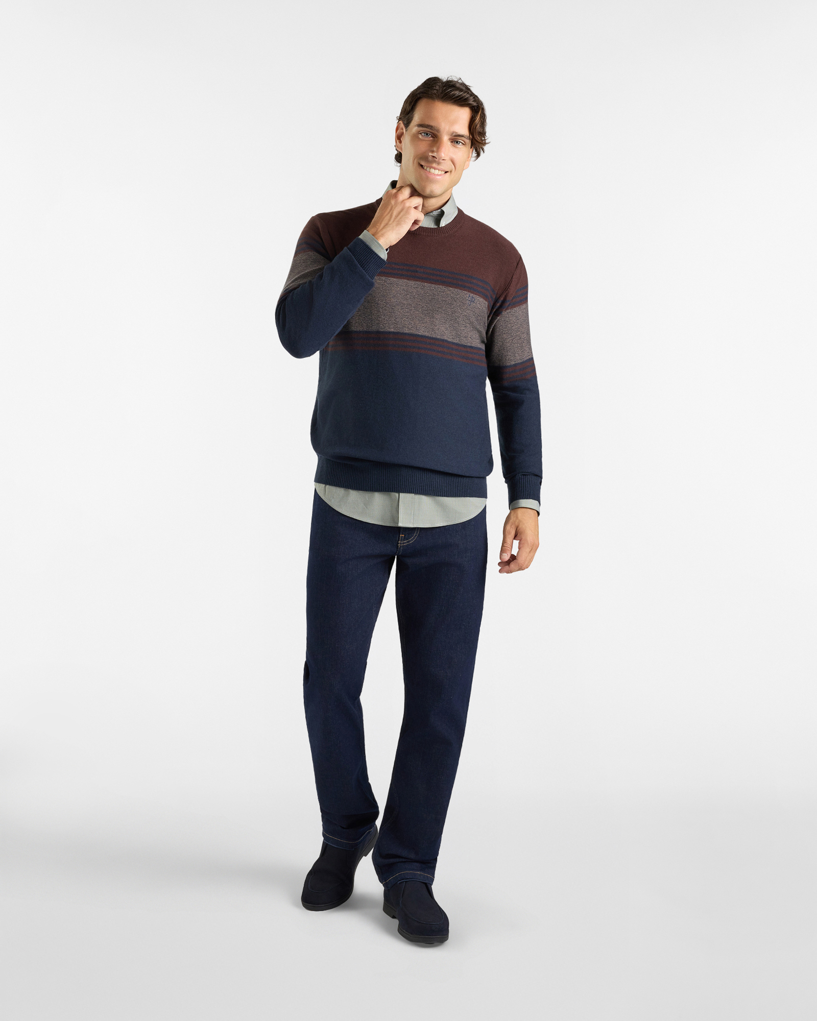 Maglia Girocollo HBJ Uomo in misto lana con motivo color block, MARRONE, large