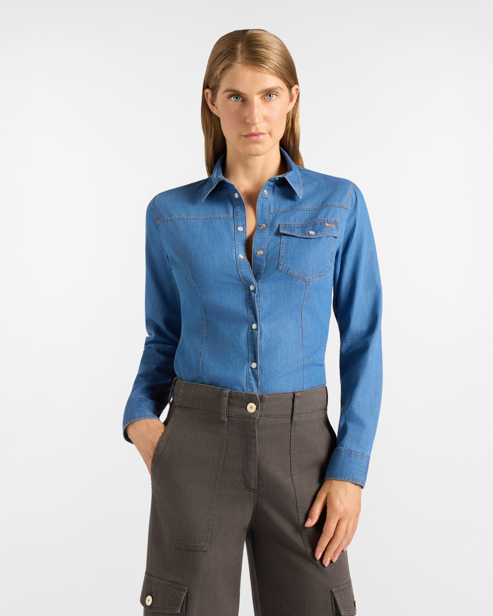 Women's basic dark blue denim shirt with chest pocket