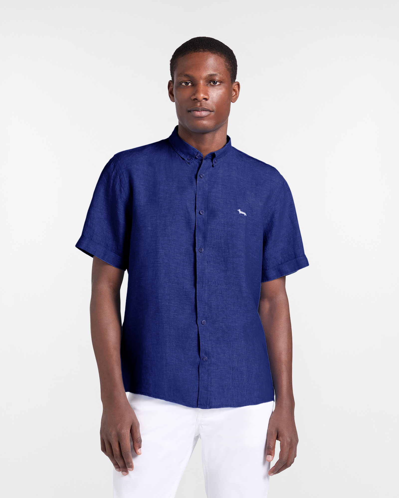 Camisa de lino puro de corte recto., Azul Oscuro, large
