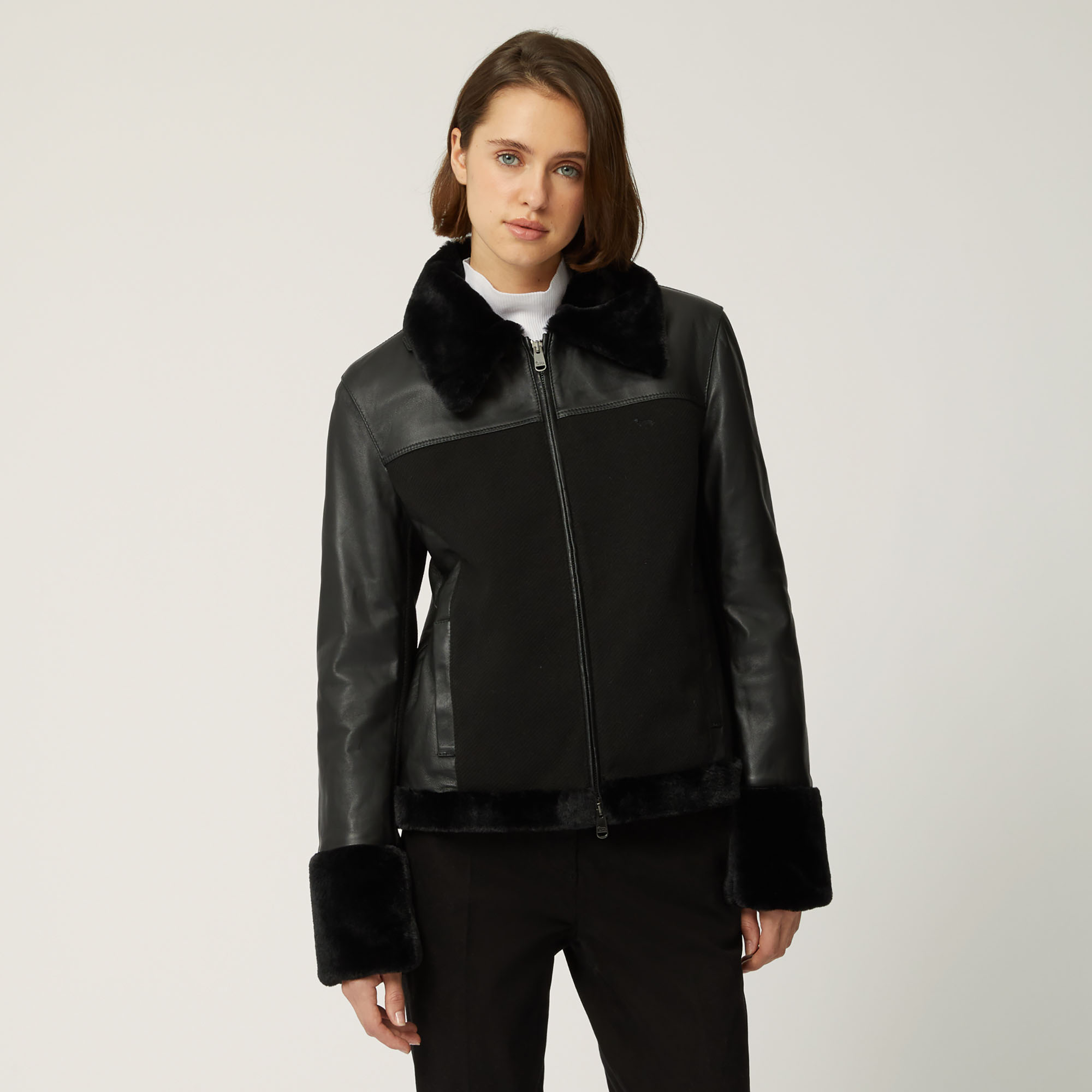 Leather Jacket With Fur Details, Black, large