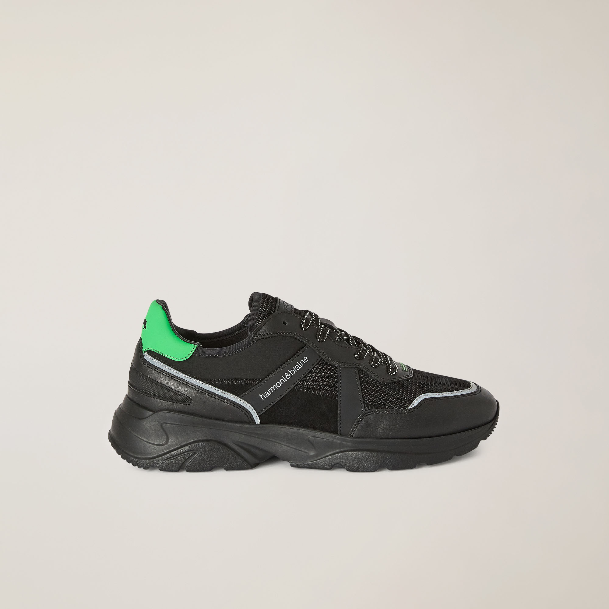 Leather And Fabric Running Sneakers, Black/Green, large image number 0