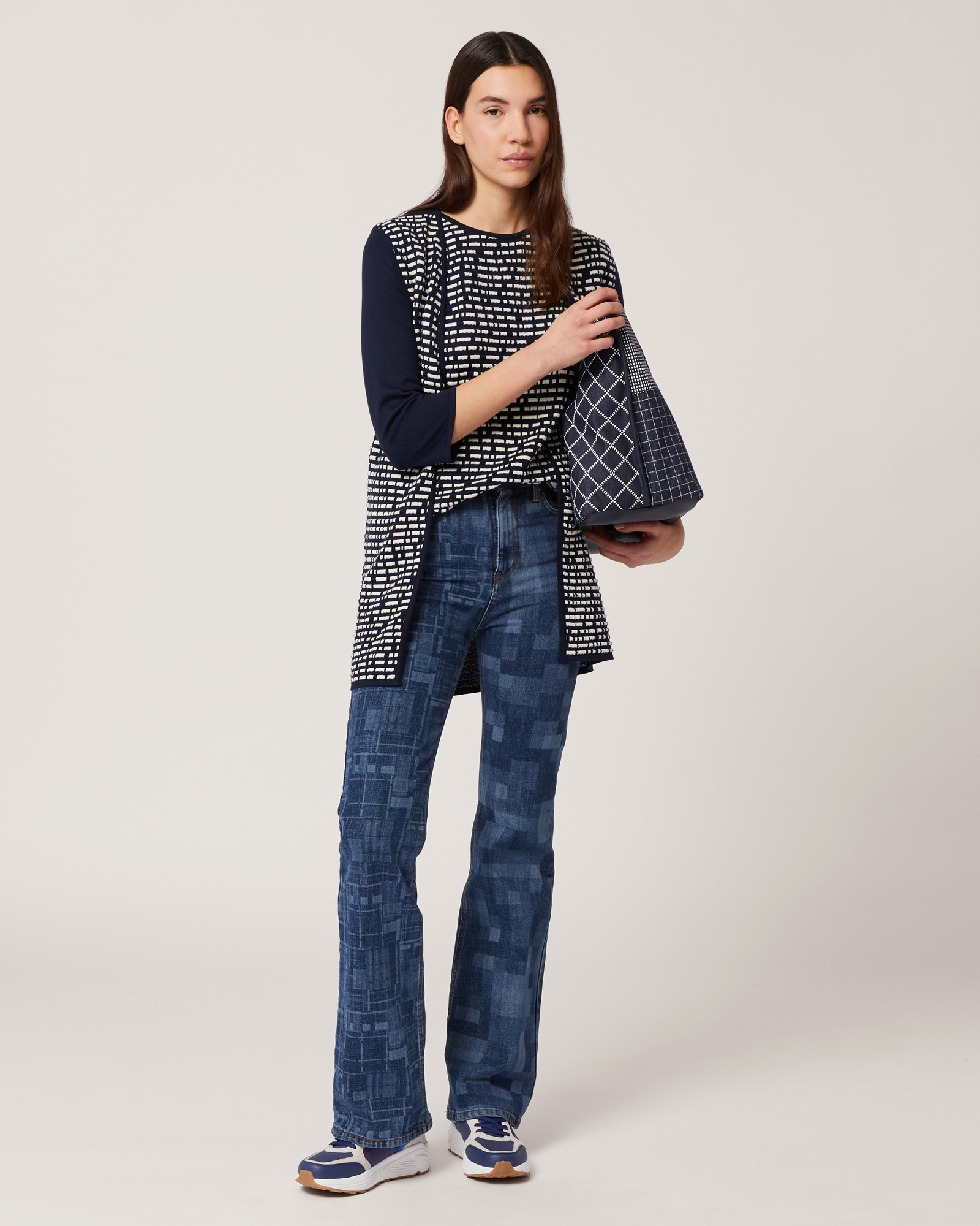 Two-Tone Cotton-Blend Cardigan, Navy Blue, large image number 3