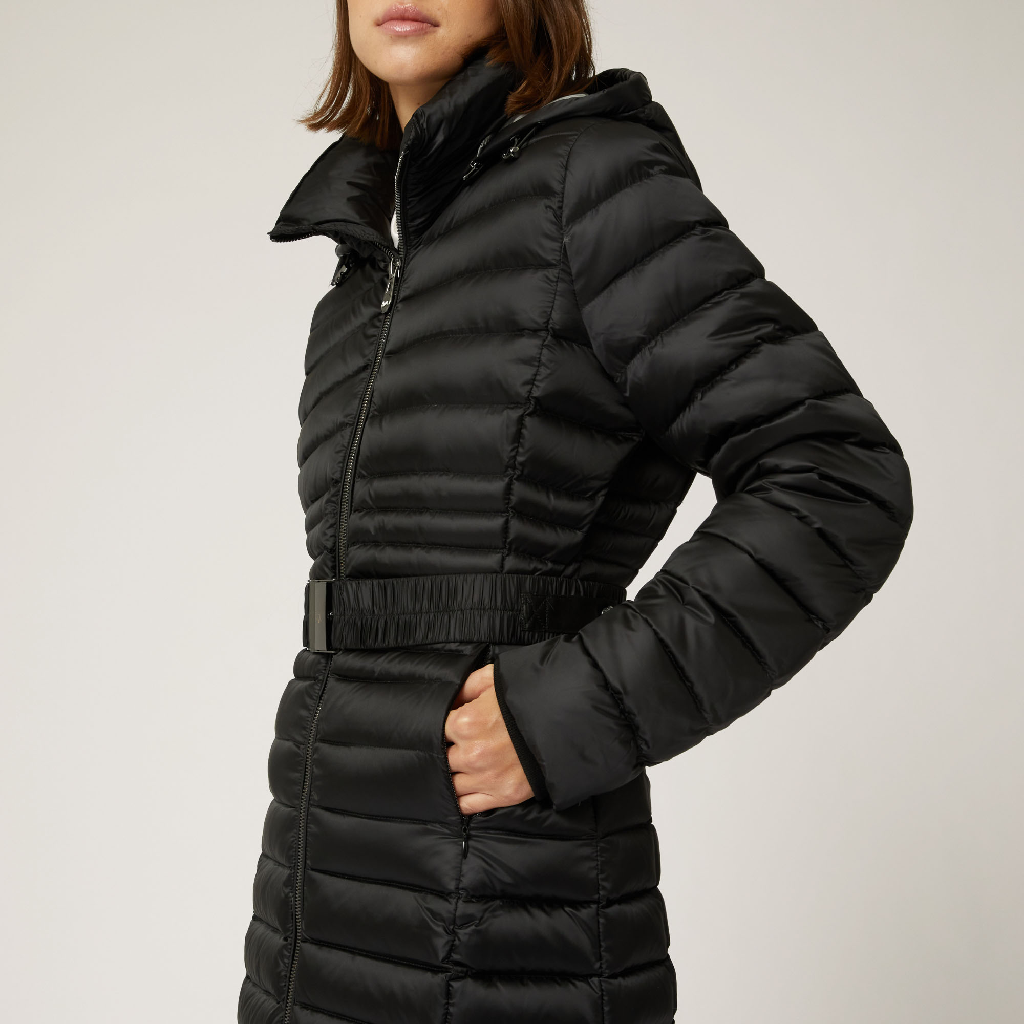 Long Padded Jacket With Hood, Black, large image number 2