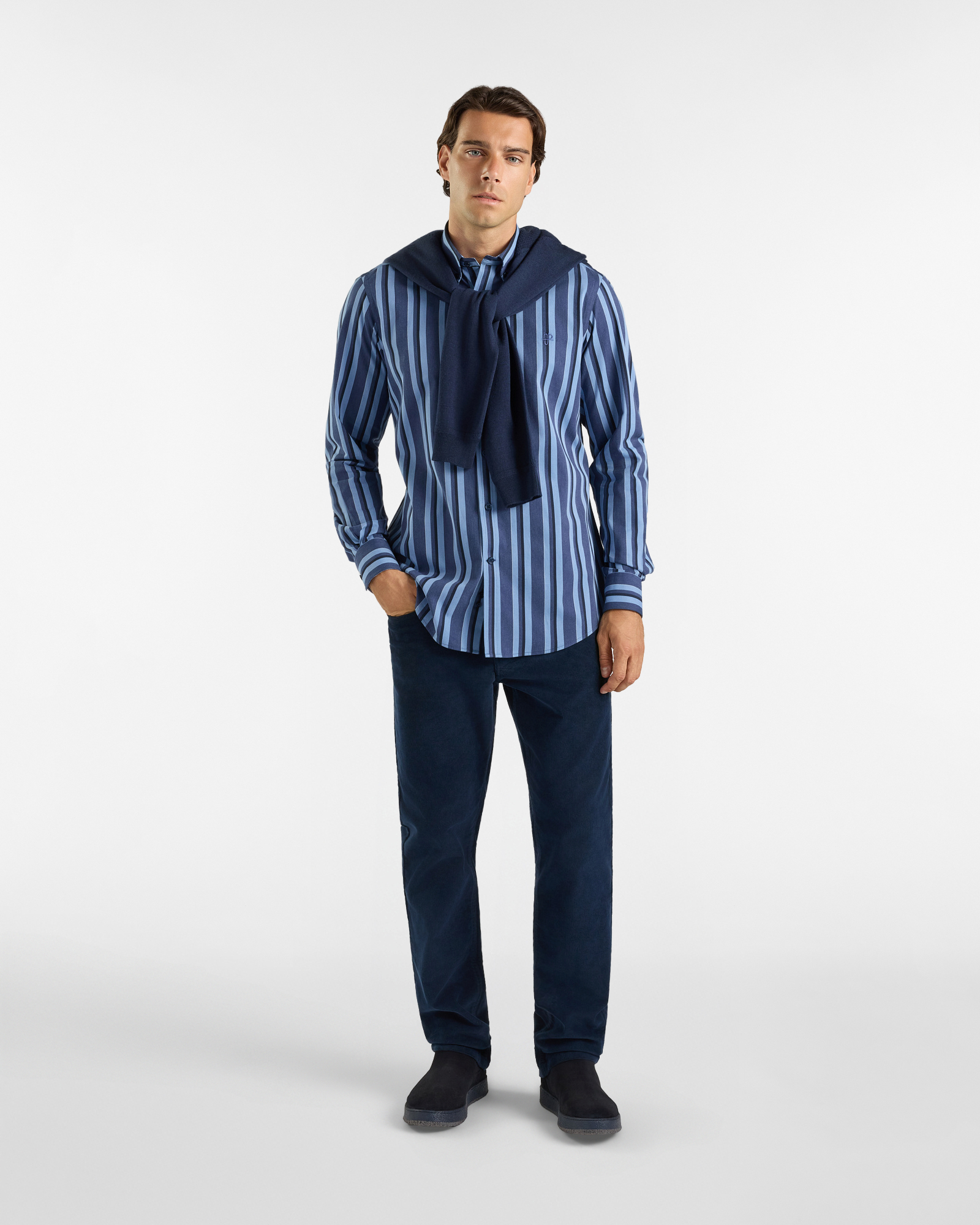 Camicia HBJ Uomo Regular Fit con collo Montecarlo in puro cotone a righe, BLU DENIM, large