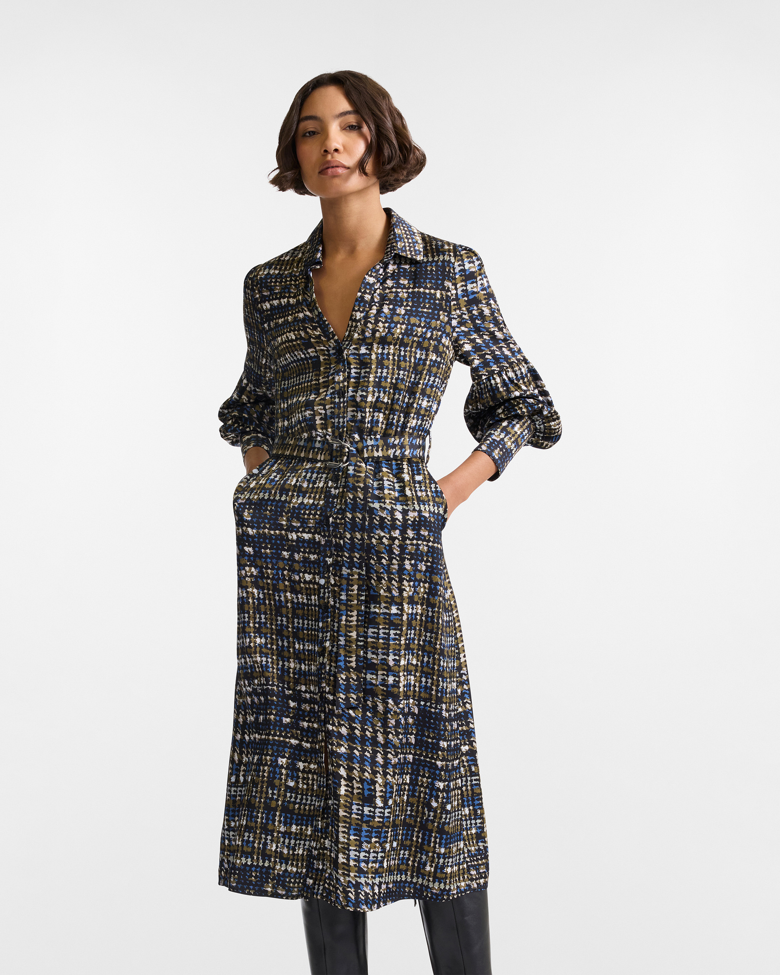Vestido Camisero Midi con Cinturón y Mangas Abullonadas