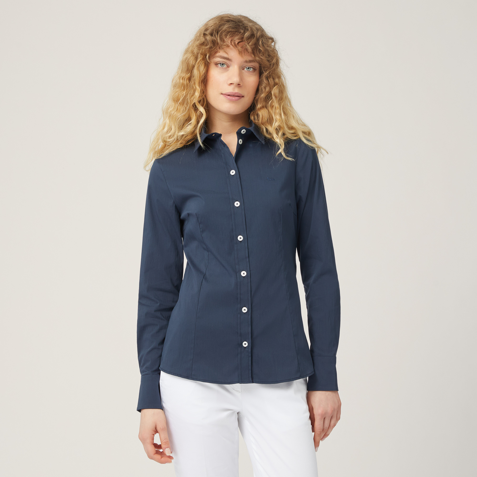 Camicia Slim In Misto Cotone, Blu Navy, large