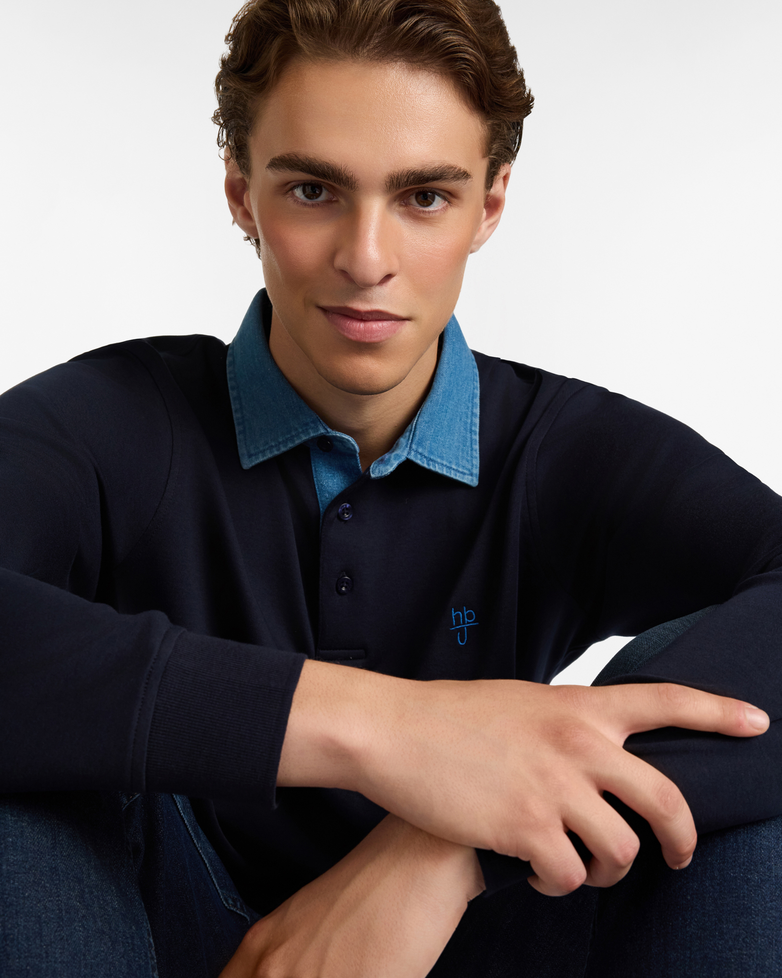 Polo Manica Lunga in Cotone con Collo in Denim, Blu Scuro, large image number 2