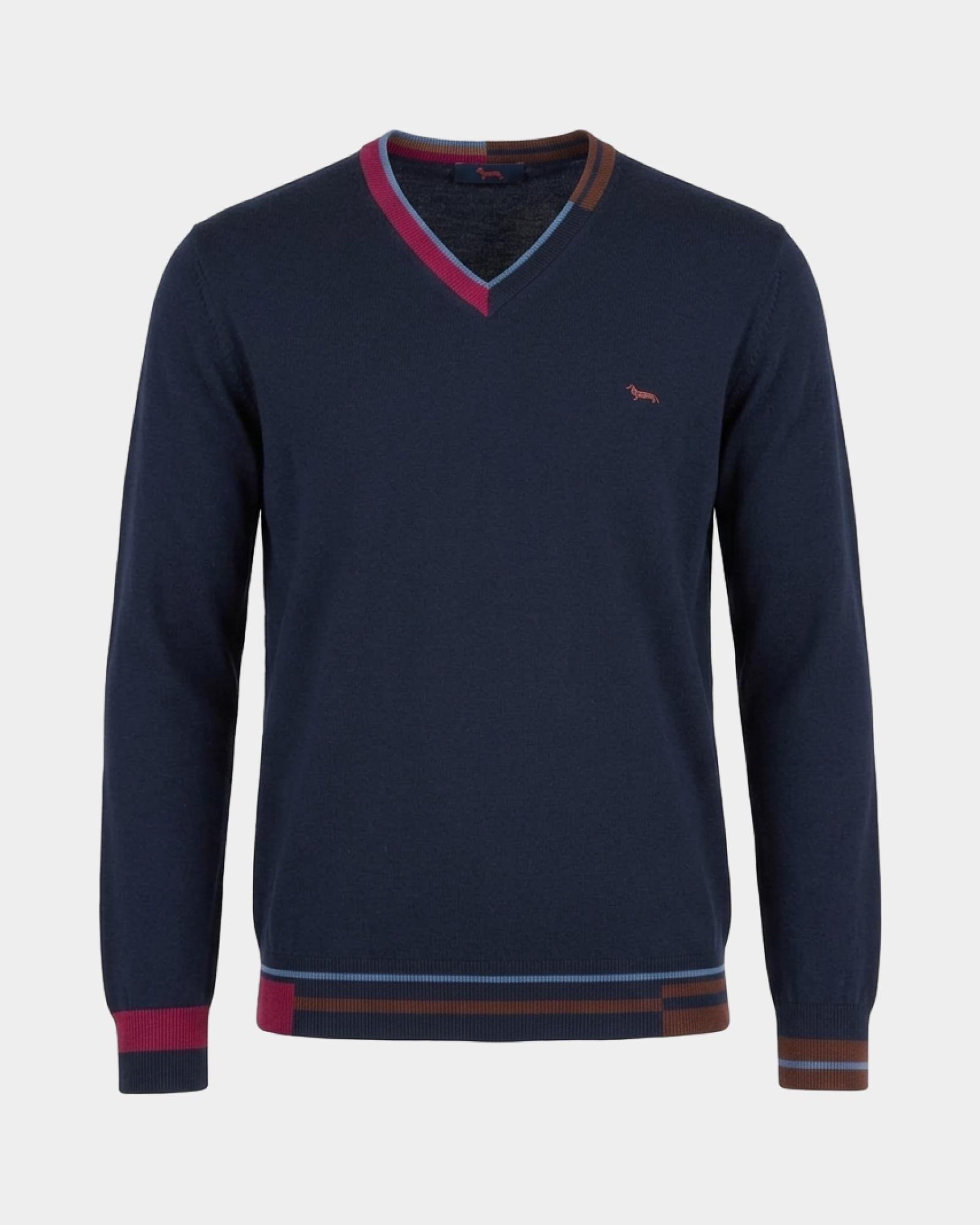 Maglia Uomo con scollo a V in misto lana e cotone Regular Fit, AZUL MARINO, large
