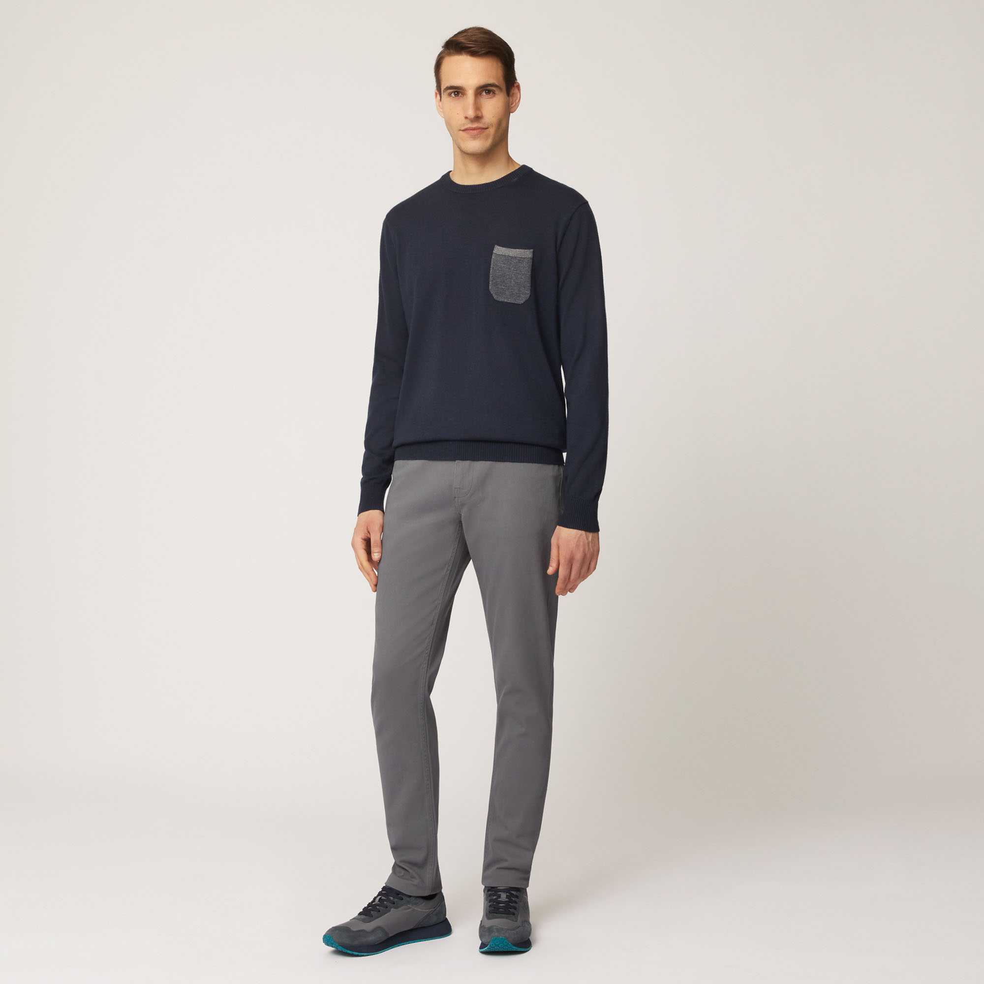 Pullover Girocollo In Misto Lana Con Taschino, Light Blue, large image number 3