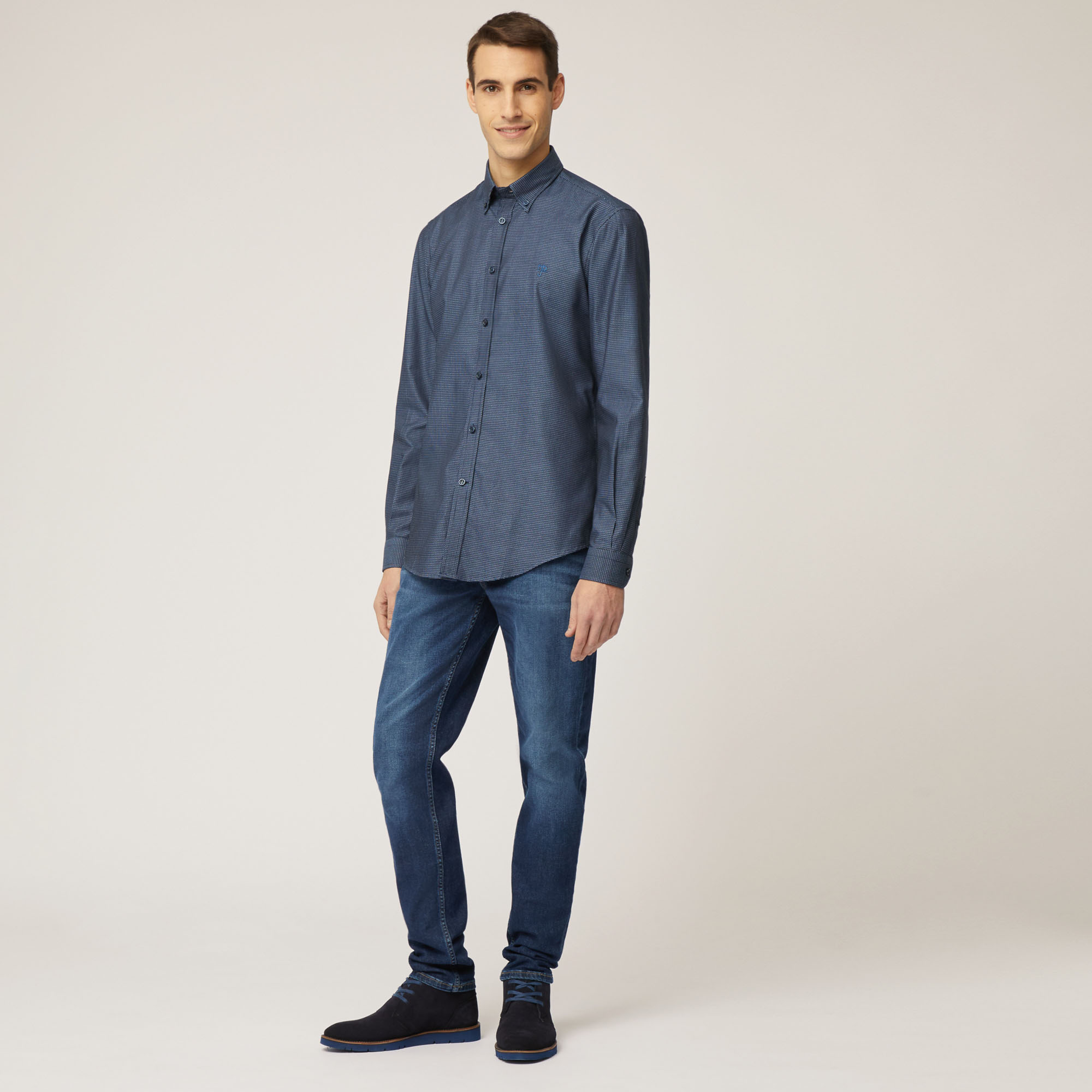 Camicia Narrow Fit In Micro Fantasia, Blu, large image number 3