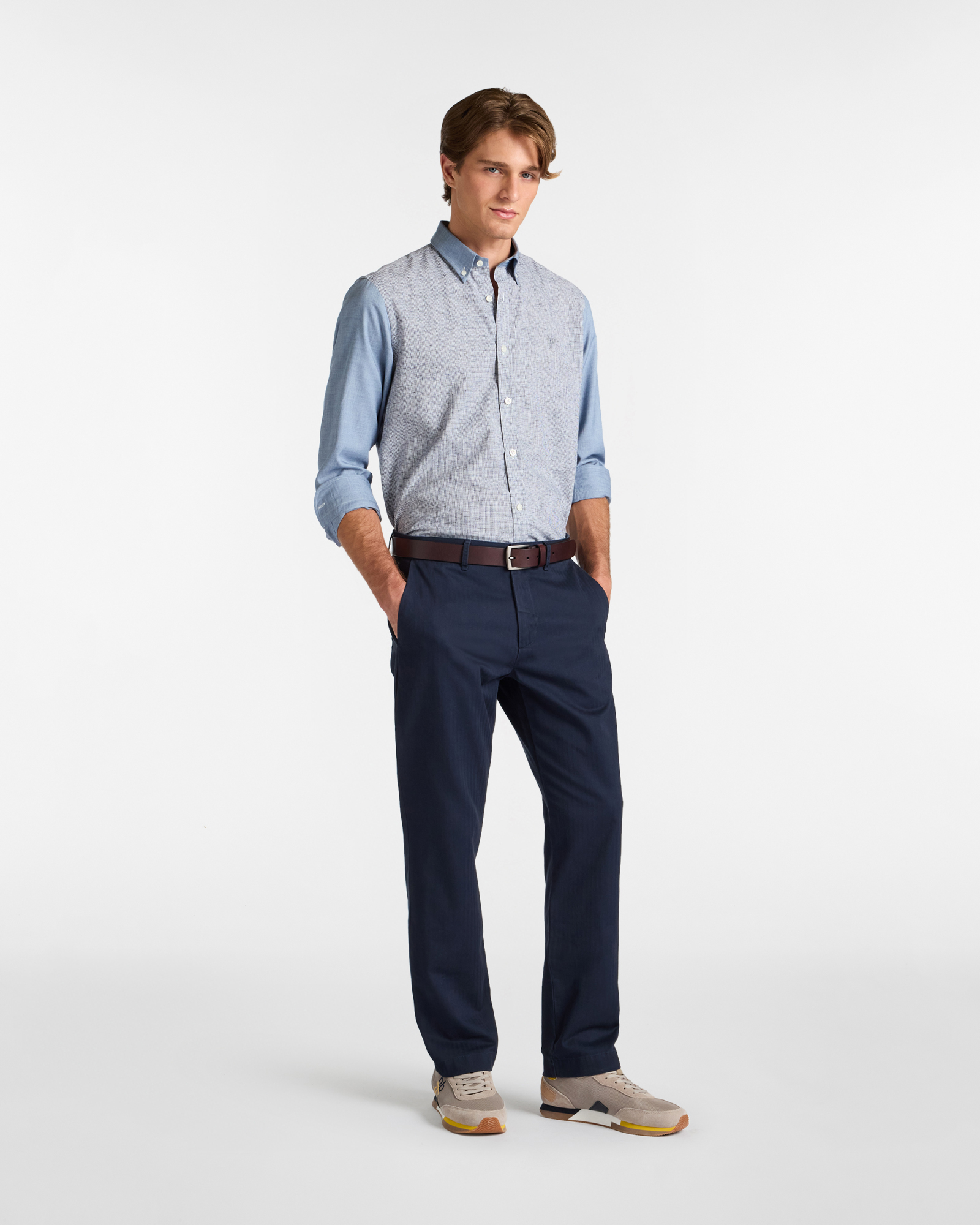 Patch Shirt with Micro Pattern in Cotton, Denim Blue, large image number 3